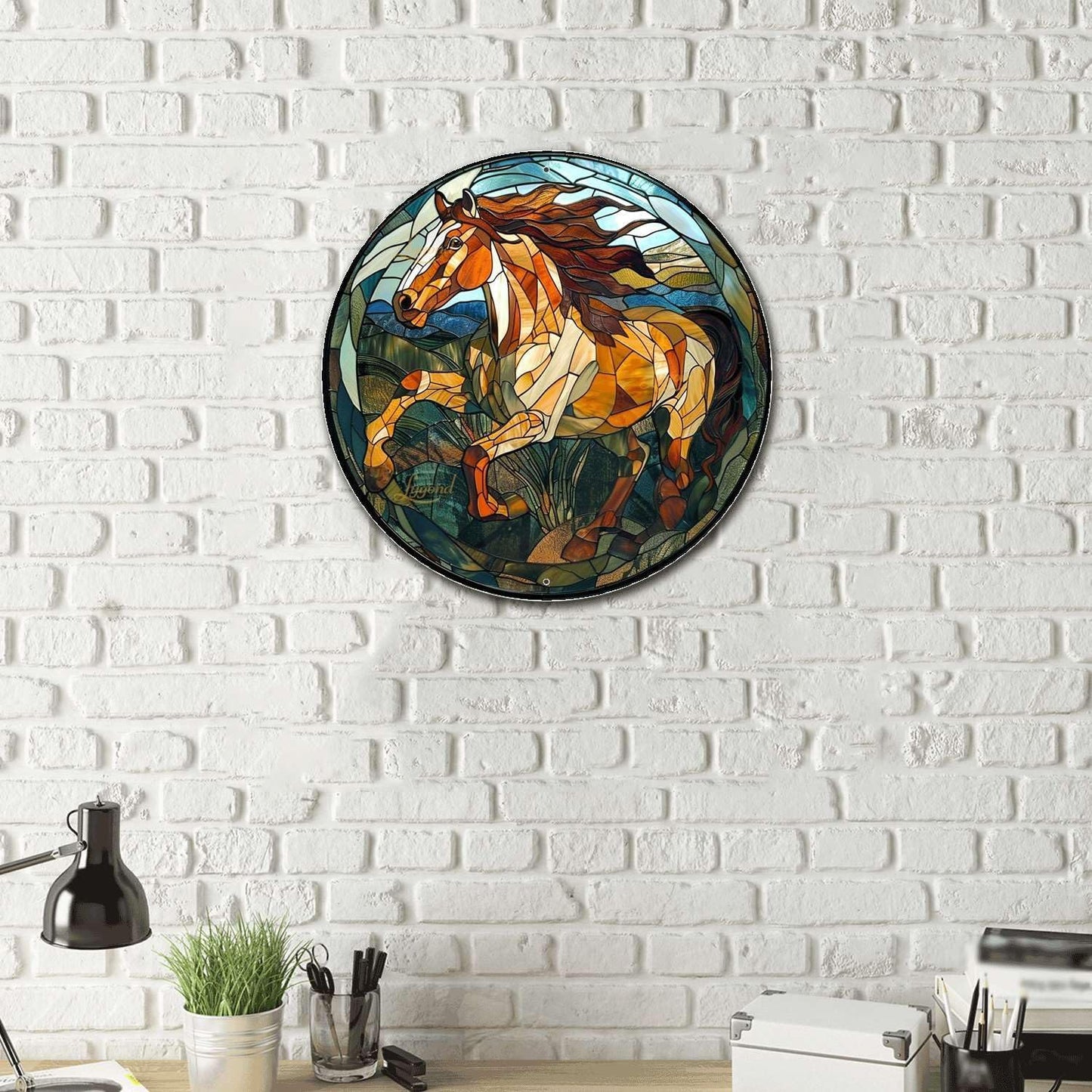 Lygond Metal Sign Tin Sign Circular Stained Glass American Mustang Garden Metal Sign for Gift 8×8 Inches