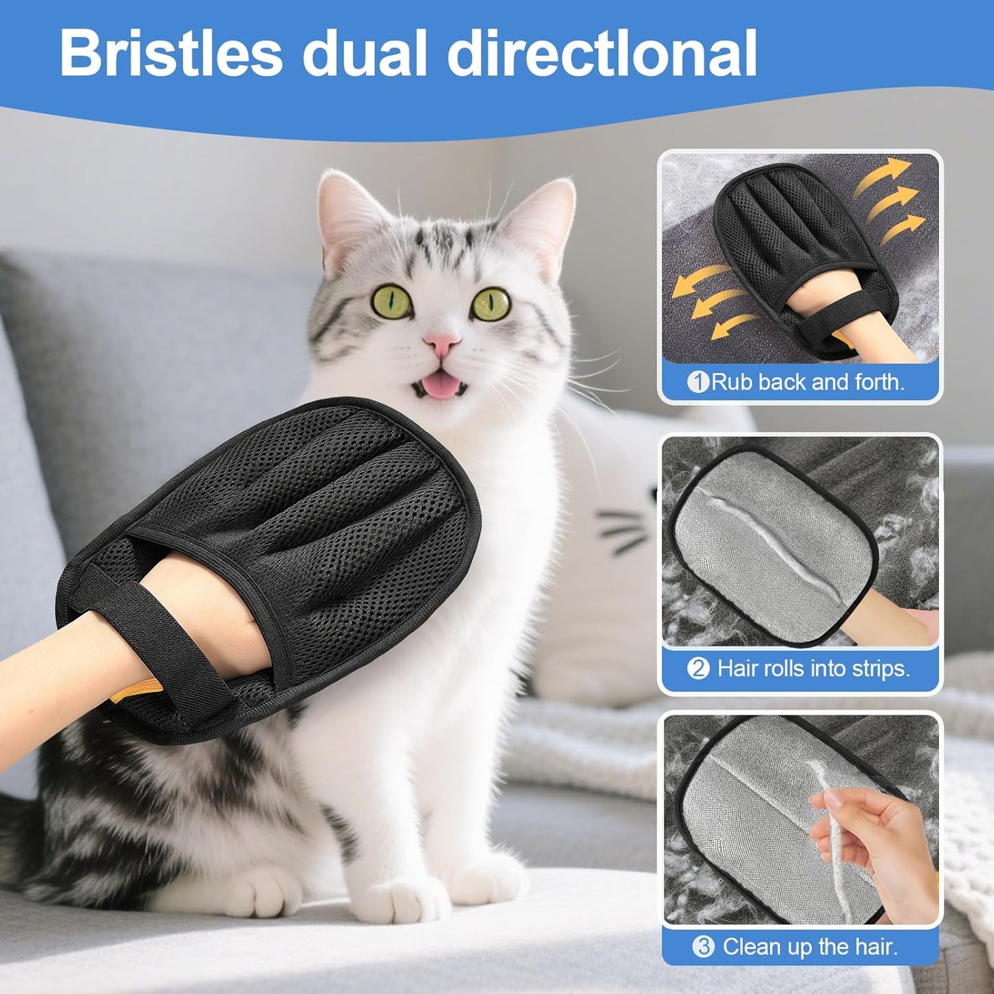2Pcs Pet Hair Removal Glove for Cats & Dogs, 2025 Newly Upgraded Five-Finger Electrostatic Pet Hair Gloves, Reusable Pet Hair Remover Tool for Couch, Clothing, Car Seat,Carpet