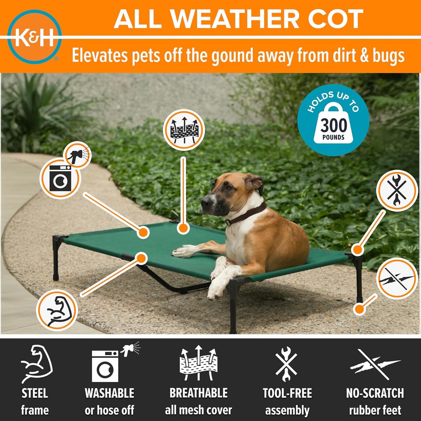 K&H Pet Products Outdoor Elevated Dog Cot, Cooling Raised Bed with Waterproof Breathable Mesh for Large Dogs, Portable Pet Bed with Heavy-Duty Metal Frame, Oversized Hammock Style - Extra-Large Green