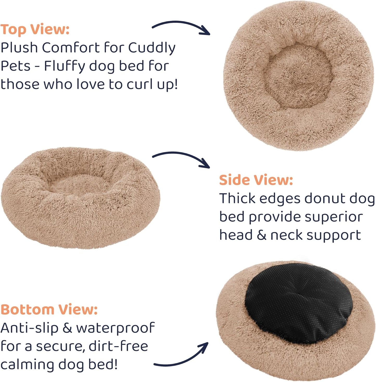 Donut Dog Bed - Premium Comfort for Anxiety Relief - Fluffy & Calming Design with Ultra-Plush Support | Cozy Round Dog Bed with Super Soft Circle Style (Size M Camel)