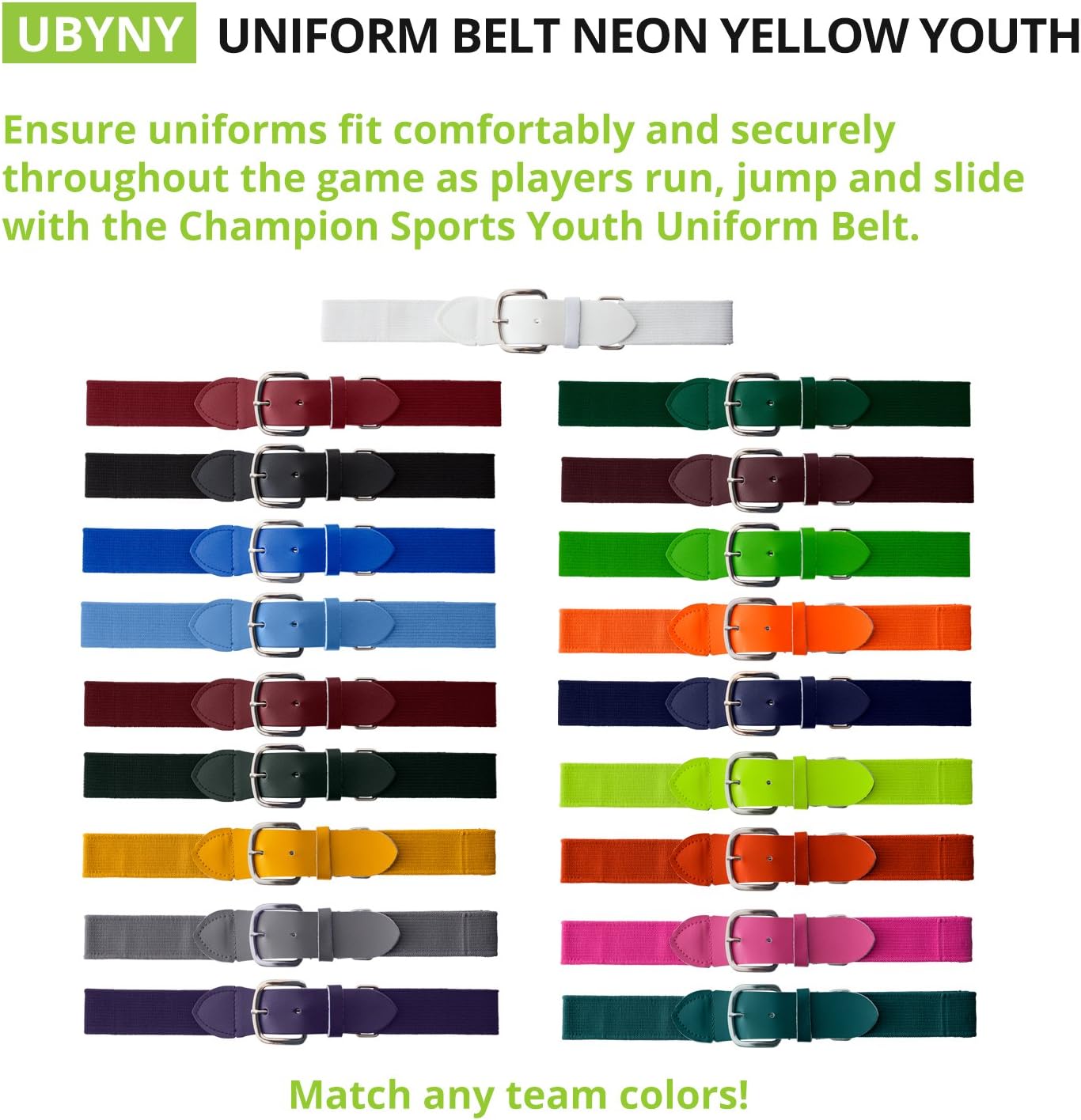 Champion Sports Baseball/Softball Uniform Belt, Comfort Stretch Fit Durable Syntex Tab - Youth & Adult Sizes, Multiple Colors