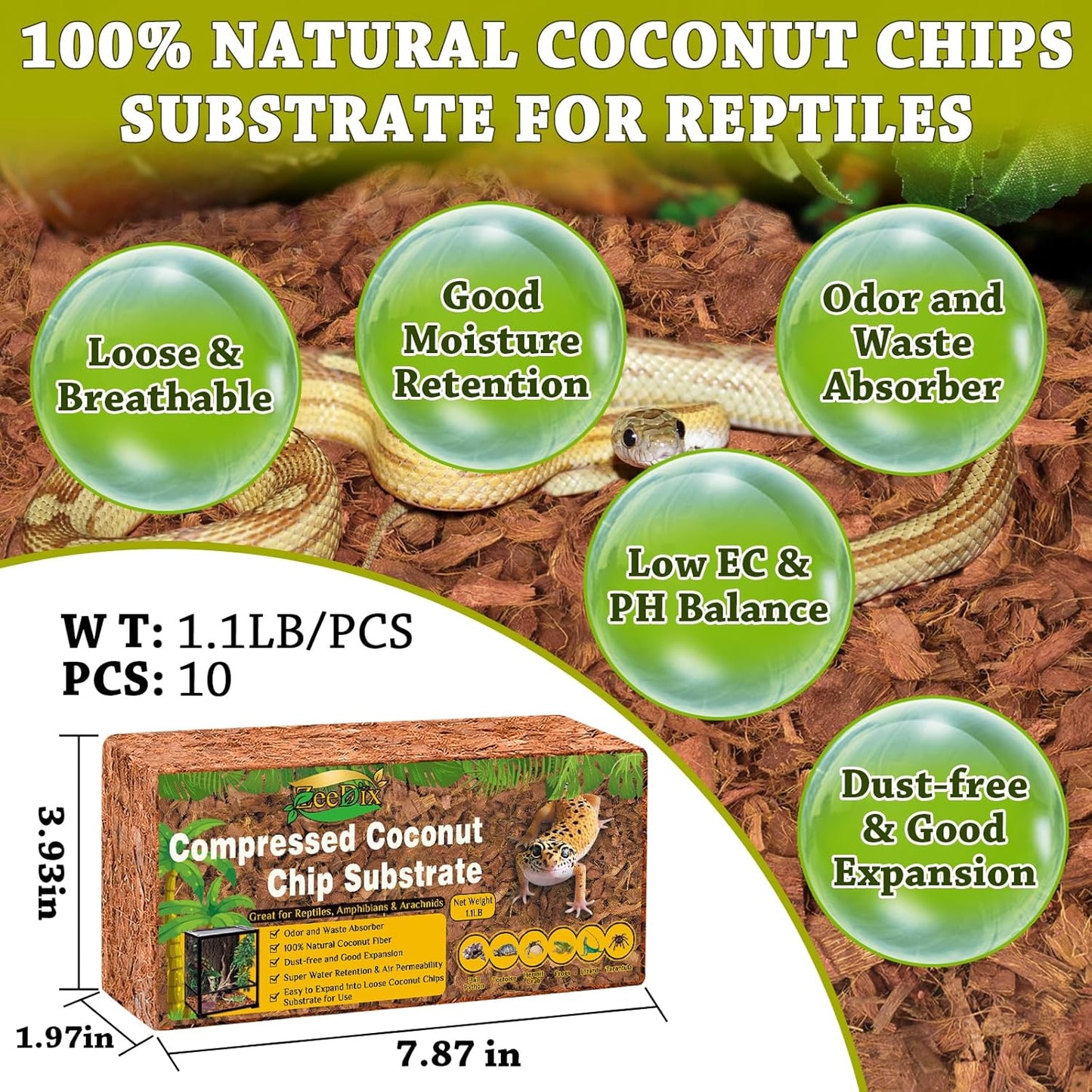 ZeeDix 10PCS Natural Coconut Chips Substrate for Reptiles, Coconut Fiber Husk Reptiles Bedding, Compressed Coco Chips Substrate for Ball Python, Snakes, Tortoise, Hermit Crab, Frogs, Lizard, Tarantula