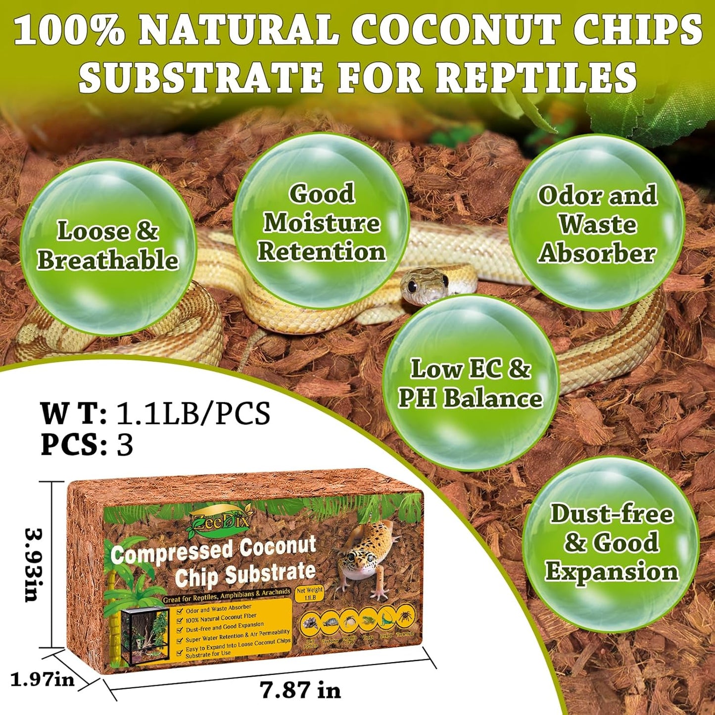 ZeeDix 3PCS Natural Coconut Chips Substrate for Reptiles, Coconut Fiber Husk Reptiles Bedding, Compressed Coco Chips Substrate for Ball Python, Snakes, Tortoise, Hermit Crab, Frogs, Lizard, Tarantula