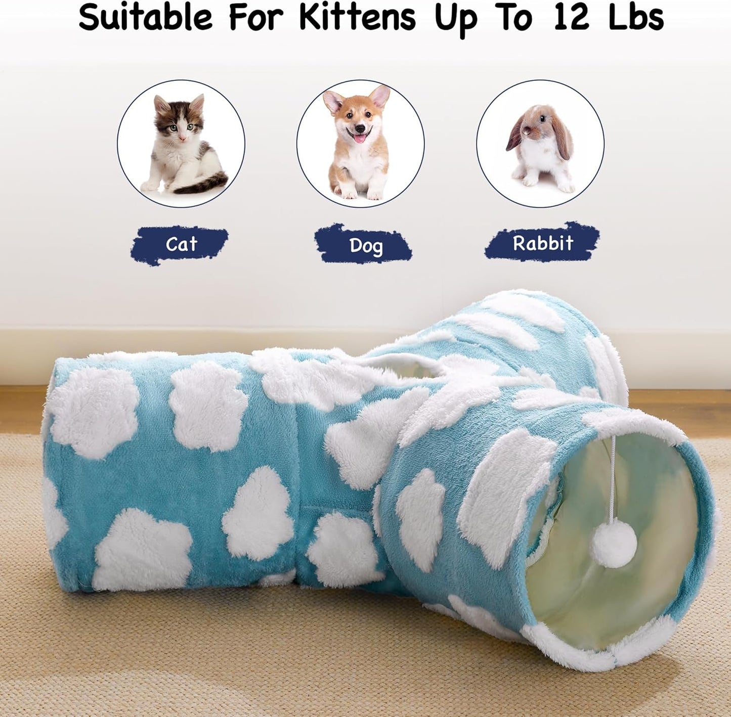 Tempcore Flannel Pet Cat Tunnel Tube Cat Toys 3 Way Collapsible, Cat Tunnels for Indoor Cats, Pet Toys Peek Hole Toy Ball Puppy, Kitty, Kitten, Rabbit, Cloud Blue