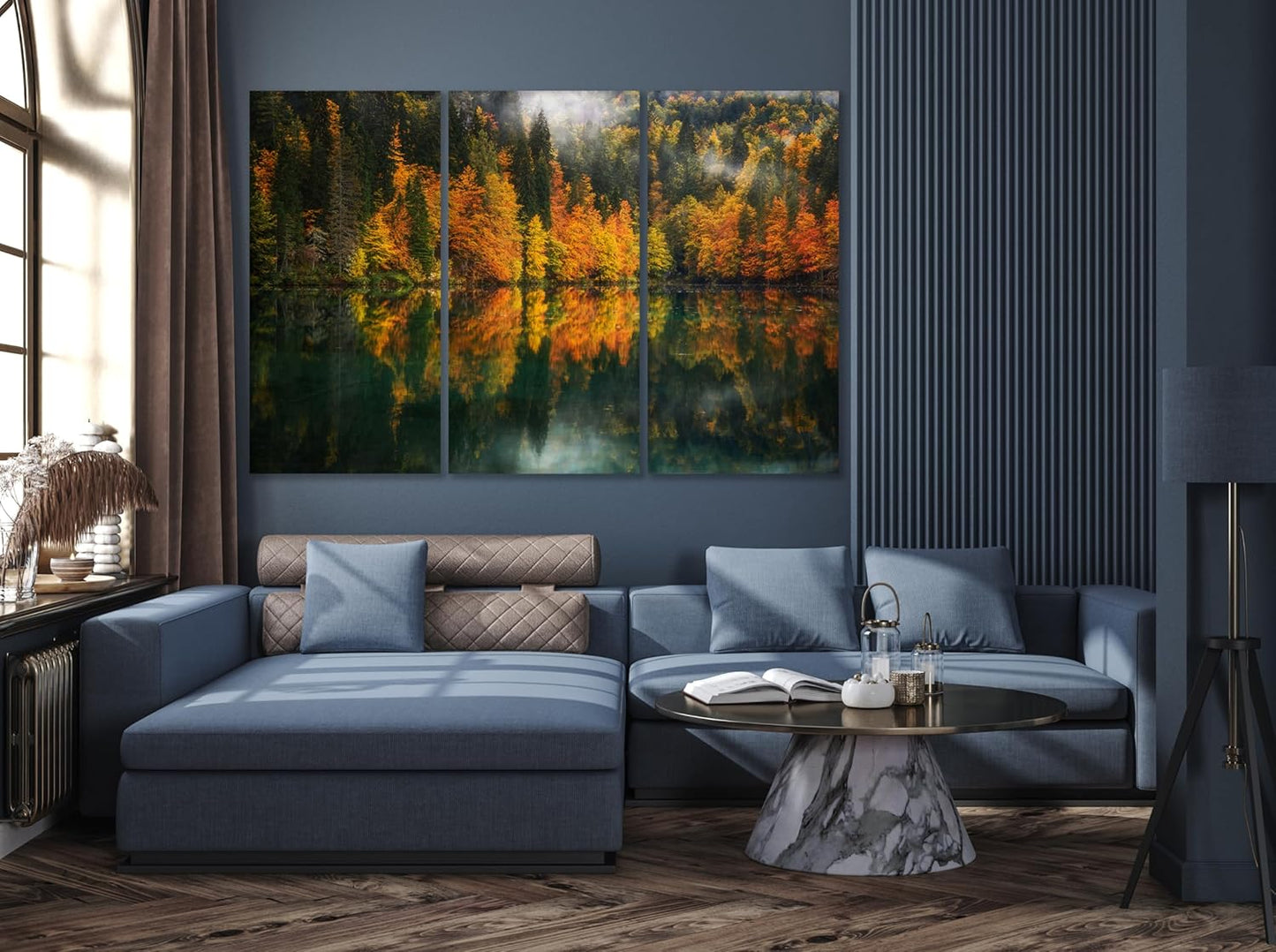 Nature Wall Art Prints - Ocean Forest Mountain Lake Canvas Landscapes - Small to Extra Large Living Room Bedroom Kitchen Bathroom Décor (Autumn by the Lake, 55L" x 83W"- 3 Panels)