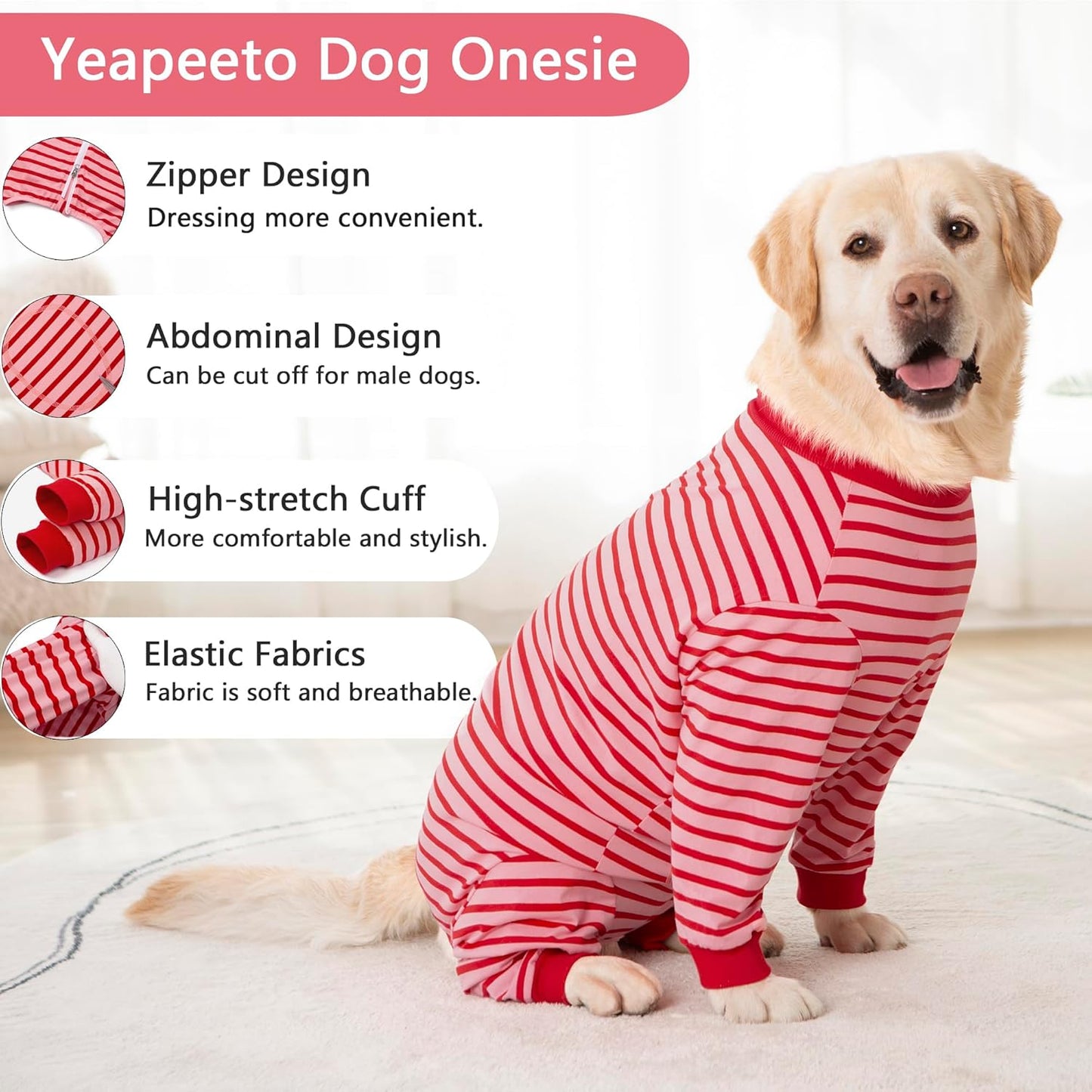 Yeapeeto Dog Onesie Surgery Recovery Suit for Large Medium Bodysuit Dogs Pajamas PJS Full Body for Shedding, Prevent Licking, Wound Protection, Cone Alternative… (Red Pink, 2XL)