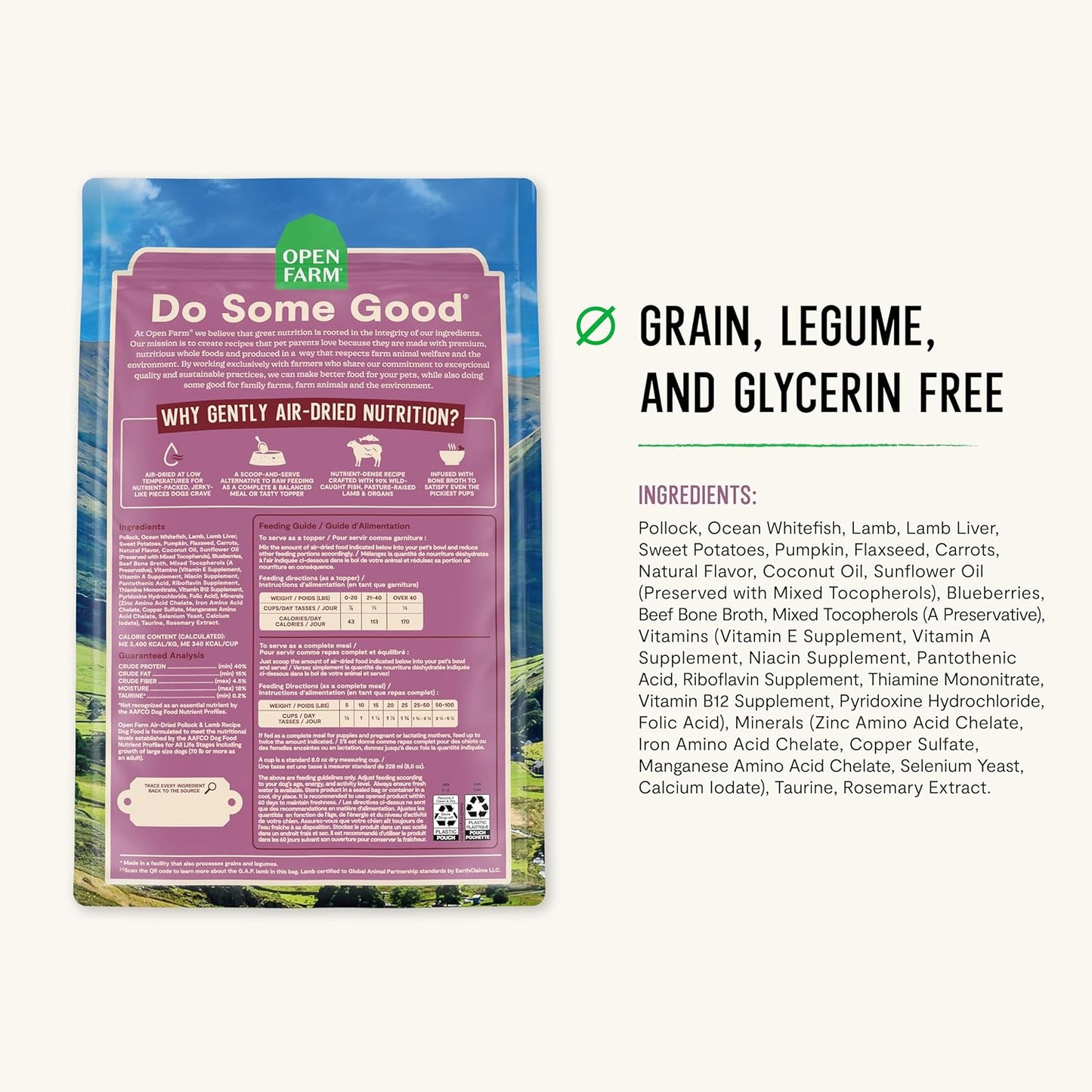 Open Farm, Air Dried Dog Food Infused with Bone Broth, Grain & Legume Free, Complete Meal or Food Topper, Pollock & Lamb Recipe, 2lb Bag