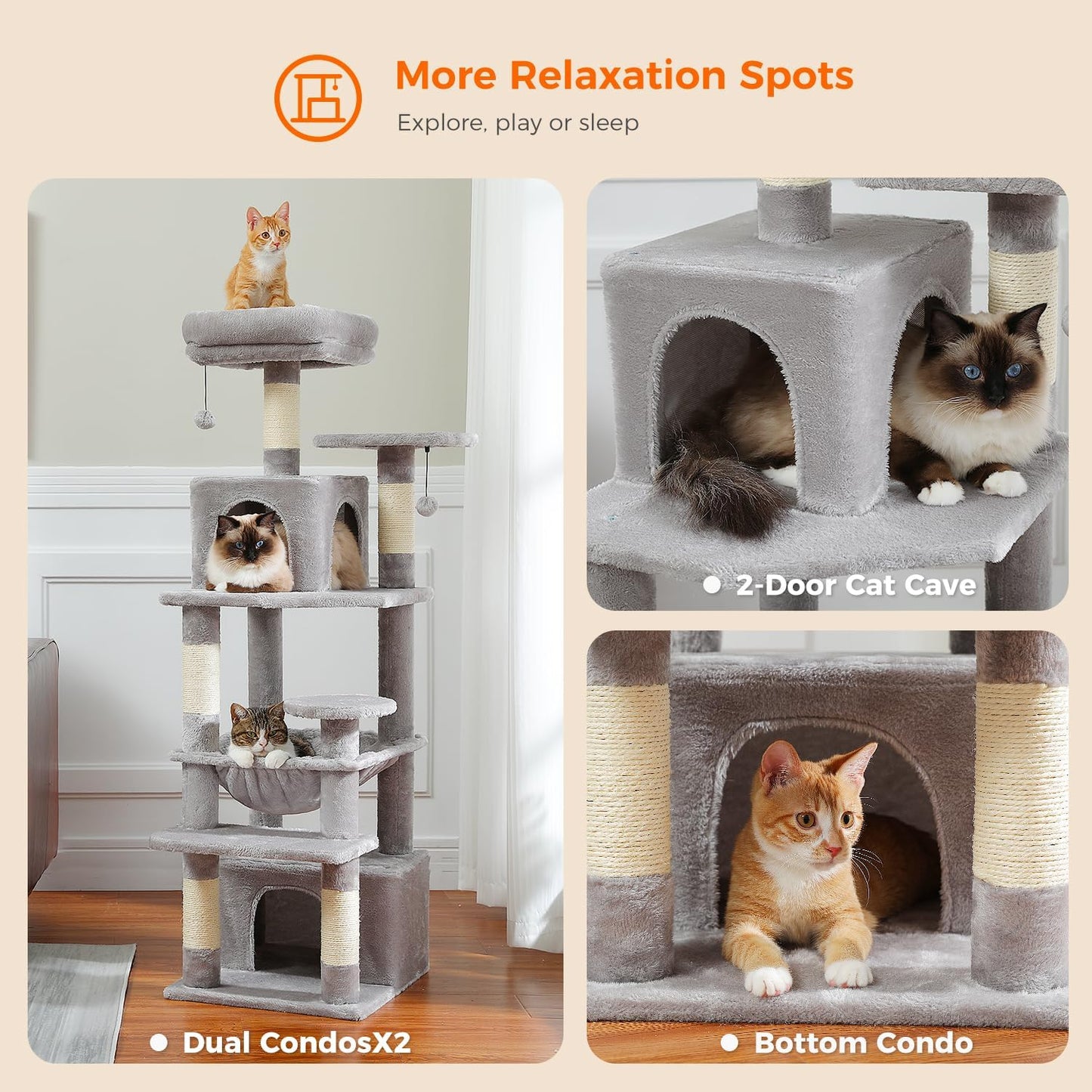 PAWZ Road Cat Tree, 53.5 Inches Tall Cat Tower with Spacious Hammocks, Condos and Scratching Posts, Cat House with Dual Padded Perches for Indoor Large Cats-Gray