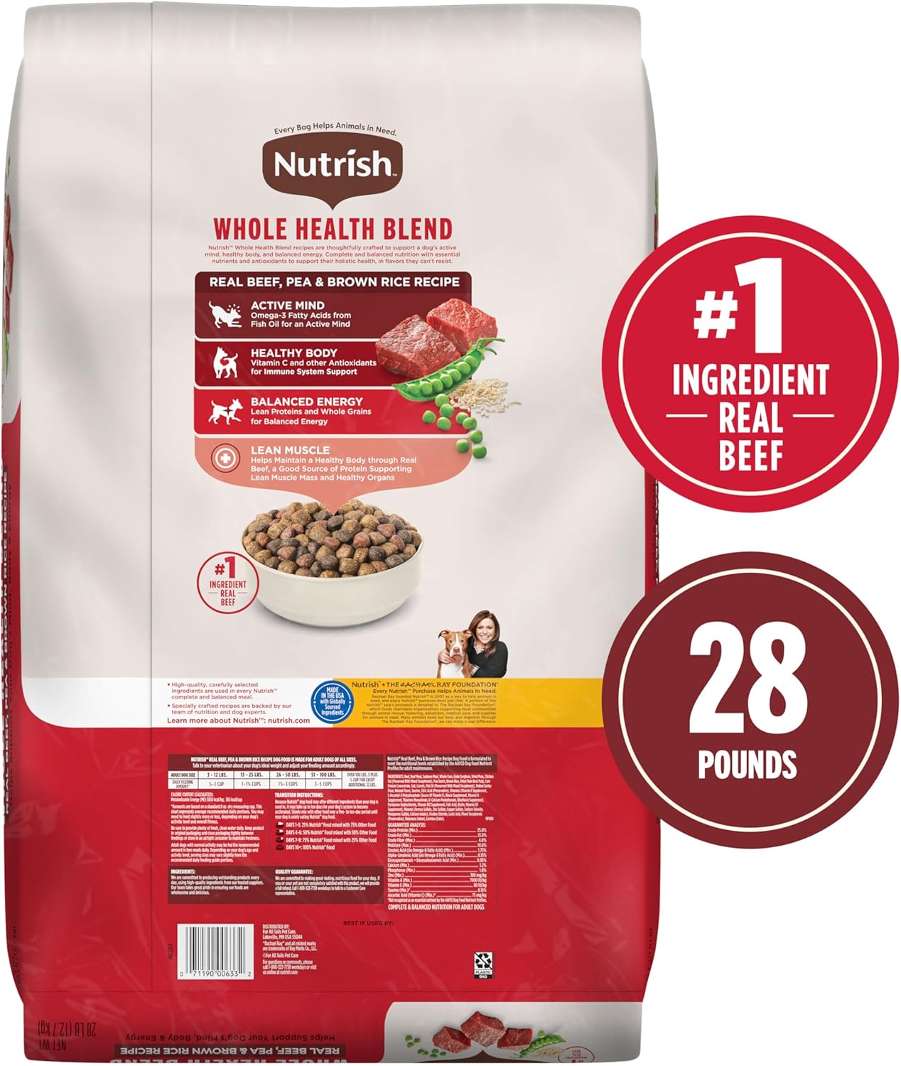 Nutrish Dry Dog Food, Real Beef, Pea & Brown Rice Recipe Whole Health Blend for Adult Dogs, 28 lb. Bag, Packaging May Vary (Rachael Ray)