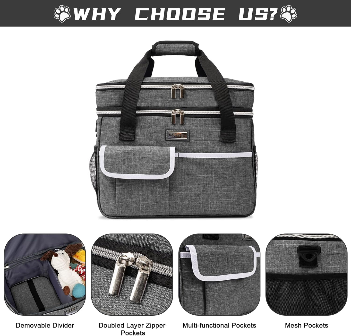 BAGLHER Dog Travel Bag for Supplies - Double-Layer Airline Approved Weekend Pet Travel Organizer Set for Dog and Cat Tote with 2 Pet Food Containers and 2 Collapsible Silicone Bowls Grey