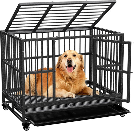 Dog Crate with Removable Tray, 37/42/46 Inch Indestructible and Escape Proof Steel Dog Cage Kennel for High Anxiety Dogs, Heavy Duty Dog Crate with Wheels, Double Door, Extra Large XL XXL