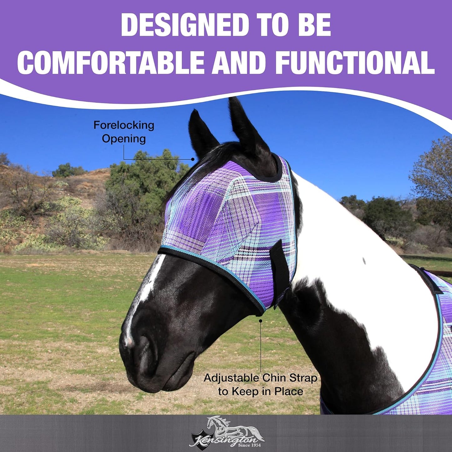 Kensington Fly Mask Web Trim Protects Horses Face and Eyes from Bites and Sun Rays While Allowing Full Visibility Ears and Forelock Able to Come Through The Mask, Medium, Lavender Mint