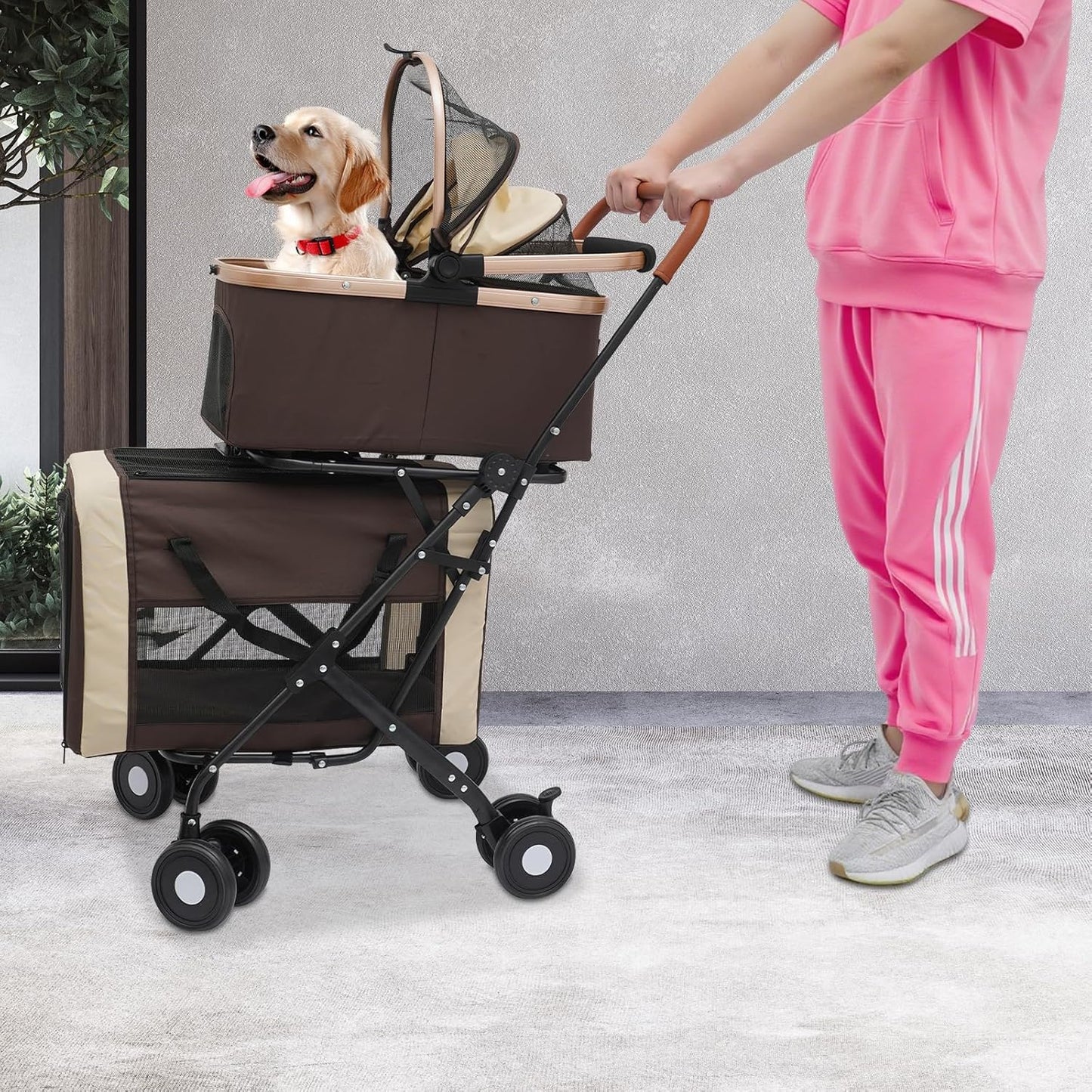 Double Pet Stroller for Dogs and Cats, Foldable Dog Stroller Travel Carriage with Detachable Carriers, Safety Belts, and 4 Lockable Wheels for Small to Medium Pets (Coffee Color)