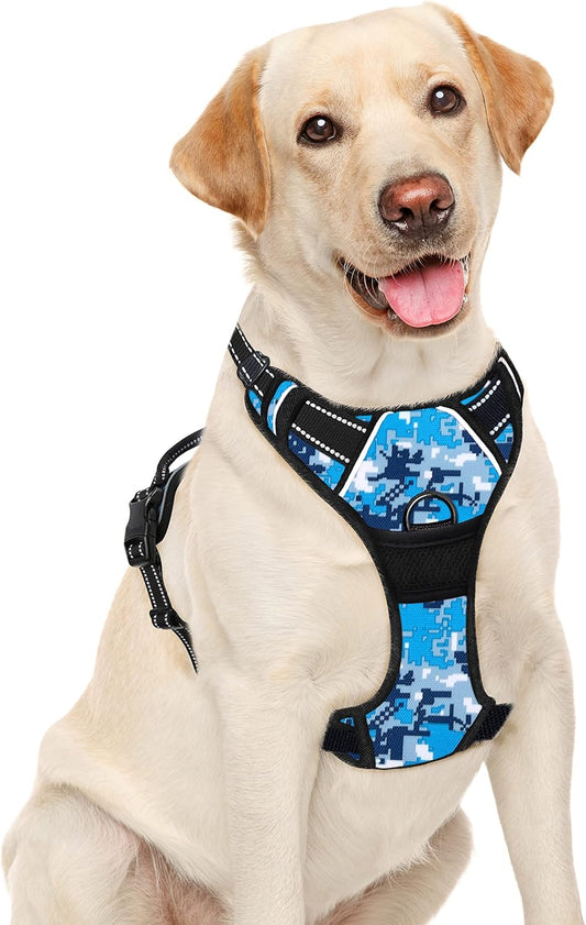 BARKBAY No Pull Dog Harness Large Step in Reflective Dog Harness with Front Clip and Easy Control Handle for Walking Training Running(Blue camo,L)