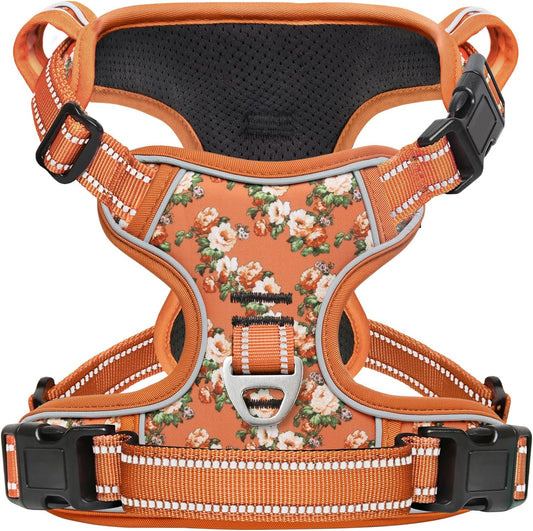 Timos Dog Harness for Large Dogs, No Pull Service Vest with Reflective Strips and Control Handle,No Choke Dog Harness with 2 Metal Rings for Easy Walking,Outdoor Training,Flower Orange, L
