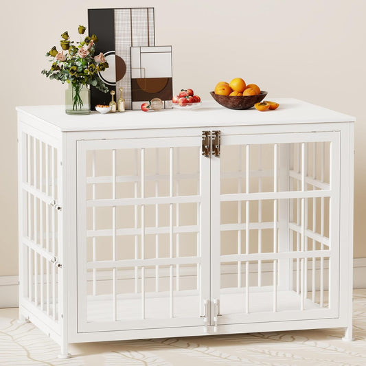 32 Inch Heavy Duty Wooden Dog Kennel End Table with Double Door Design and Secure Locks, Indoor Pet Crate Furniture for Medium Dogs, Decorative Home Cage Design,White