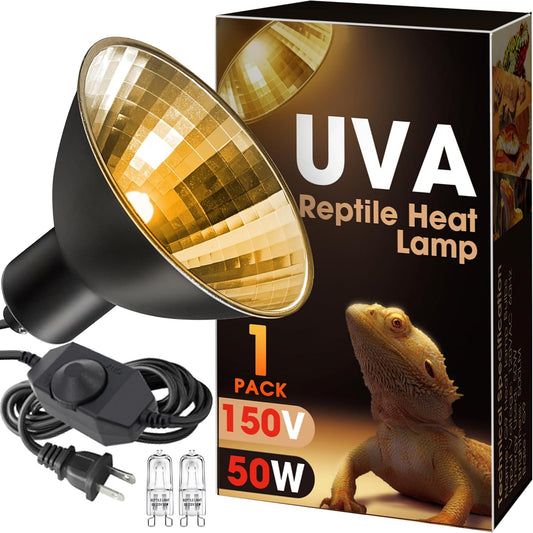 Reptile Heat Lamp 50W G9 Halogen Heat Bulb & Dome Reptile Light Fixture, Aluminum Reflector, UVA Basking Light for Reptiles, Dimmable Heat Lamp for Chicken Turtle Snake Gecko Lizard