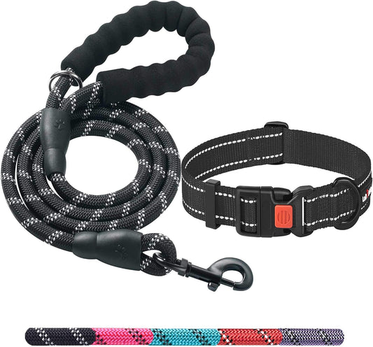 Heavy Duty Dog Leash - Comfortable Padded Handle, 5 ft Long - Dog Leashes for Small Medium Large Dogs (Leash+Collar XS Neck 10.5"-13.5", Black)