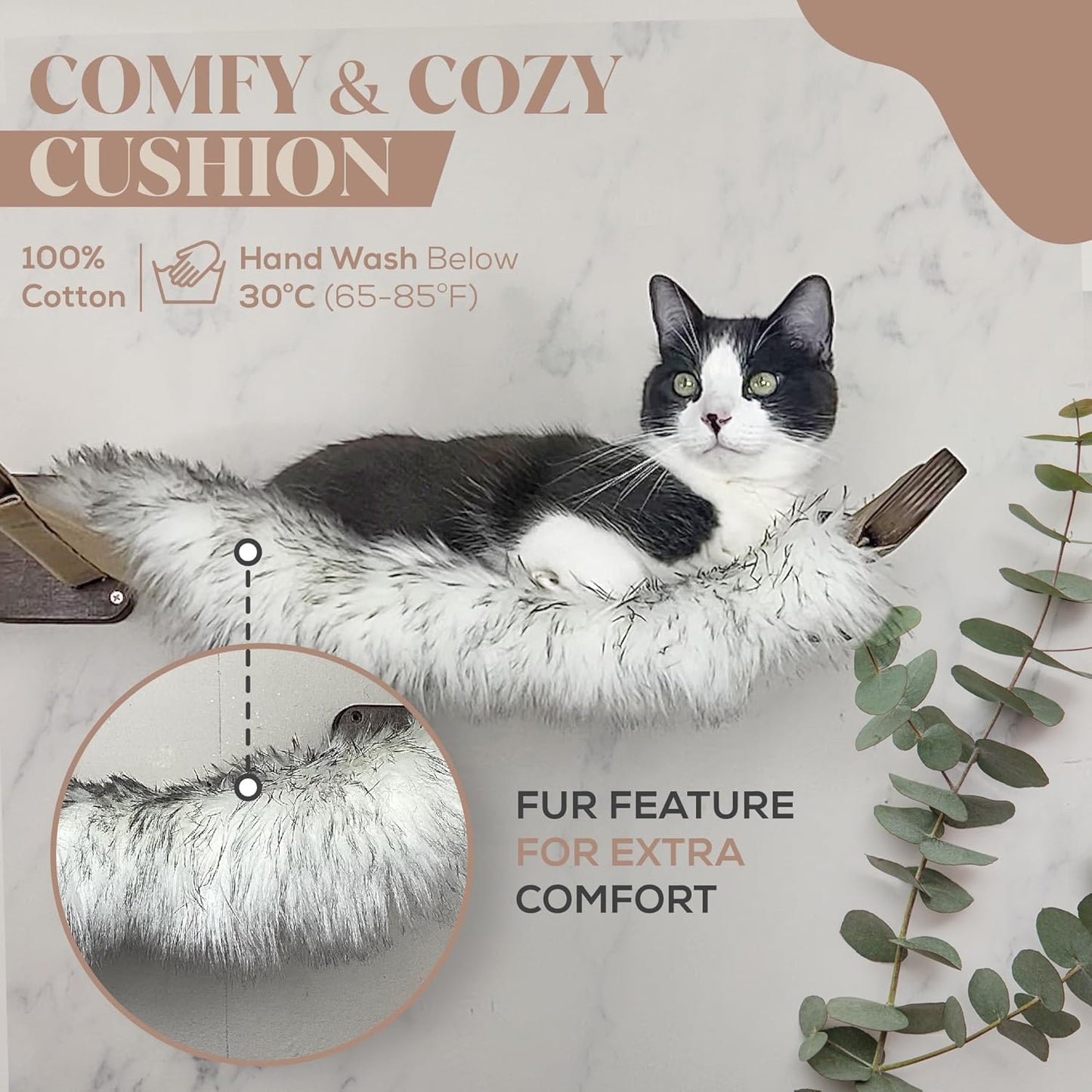 Multi-Level Cat Wall Hammock with Plush Cushion and Two Steps - Shelves Set with Perches for Playing, Climbing, and Sleeping - Wooden Cat Wall Bed