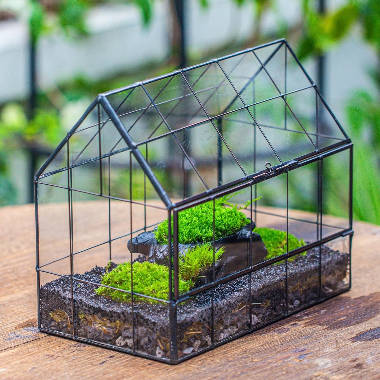 NCYP Geometric Glass Terrarium with Front Opening Door, House Shape Closed Micro Landscape Planter Box for Small Succulent, Cacti - Home Indoor Tabletop Decor, Handmade, Black (No Plants)