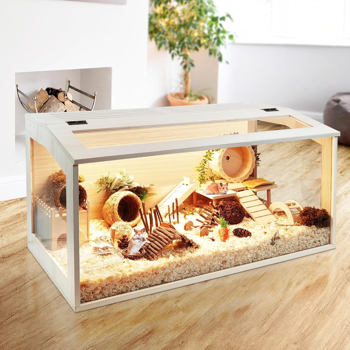 Prolee Hamster Cage Chewproof Wood, Mice and Rat Habitat Openable Top with Acrylic Sheets Solid Built, Small Animal Cage, 40 Inch Length