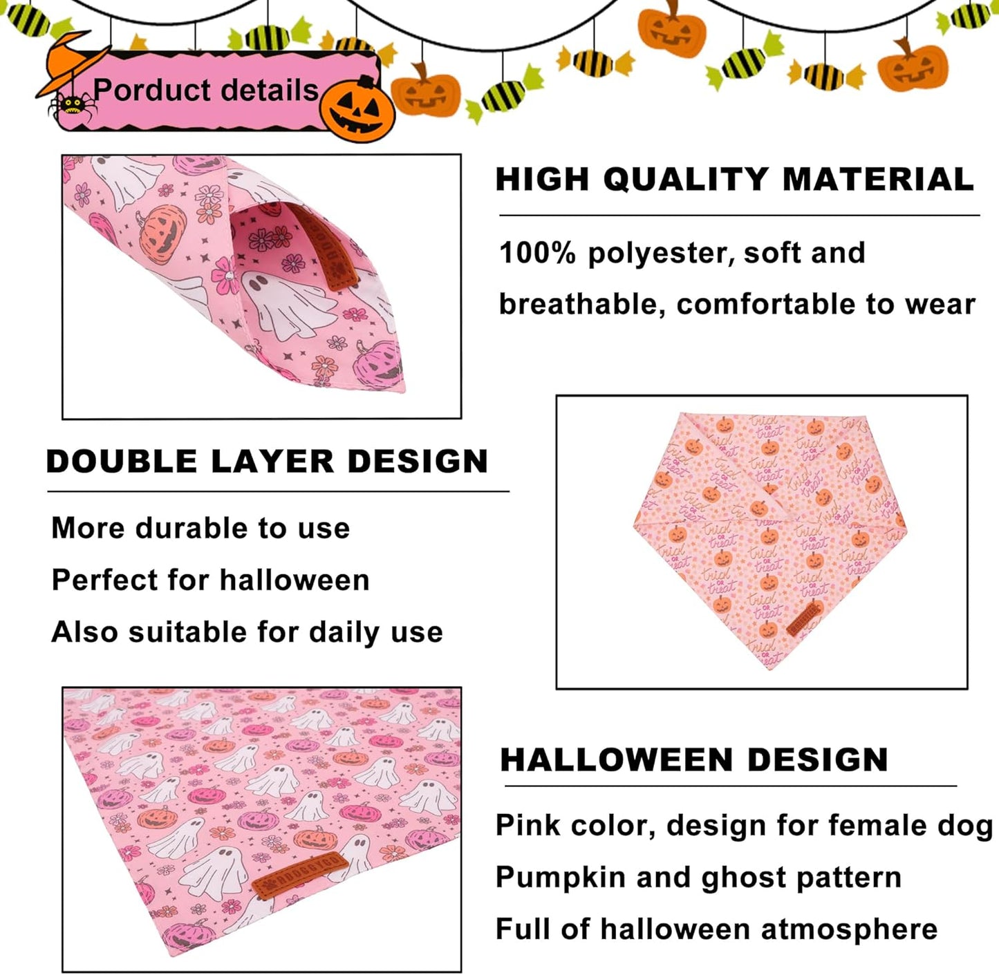 ADOGGYGO Halloween Dog Bandana, Pink Pumpkin Ghost Scarf, Adjustable Fit Female Halloween Bandanas for Small Dogs Puppies (Small)