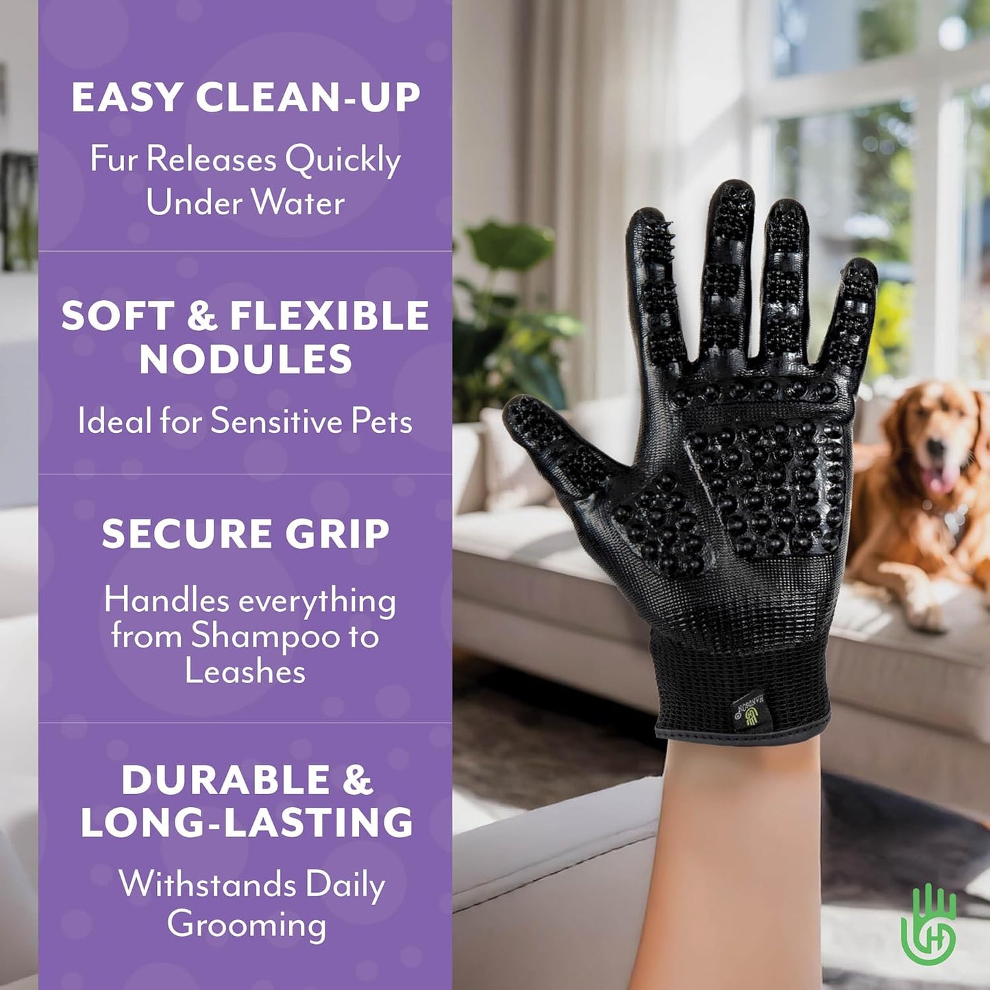 H HandsOn Pet Grooming Gloves - Patented #1 Ranked, Award Winning Shedding, Bathing, & Hair Remover Gloves - Gentle Brush for Cats, Dogs, and Horses (Black, Junior)
