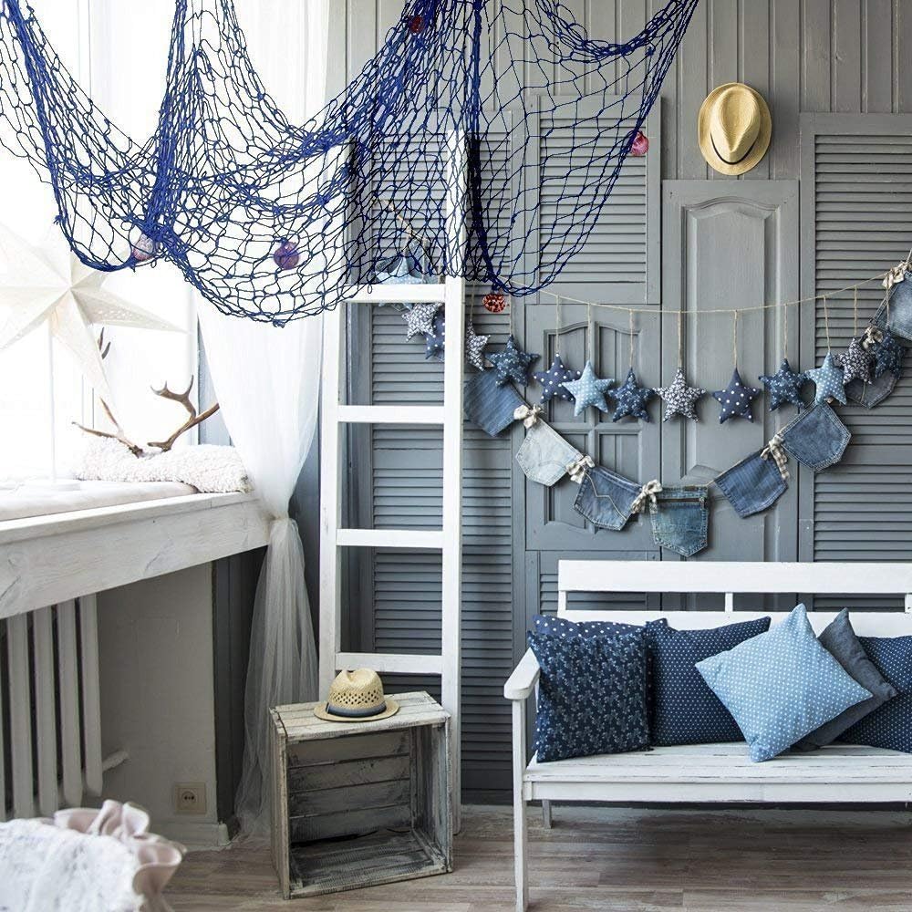 Nature Fish Net Wall Decoration with Shells, Ocean Themed Wall Hangings Fishing Net Party Decor for Pirate Party,Wedding,Photographing Decoration (Fishnet-2pack-Beige & Blue)