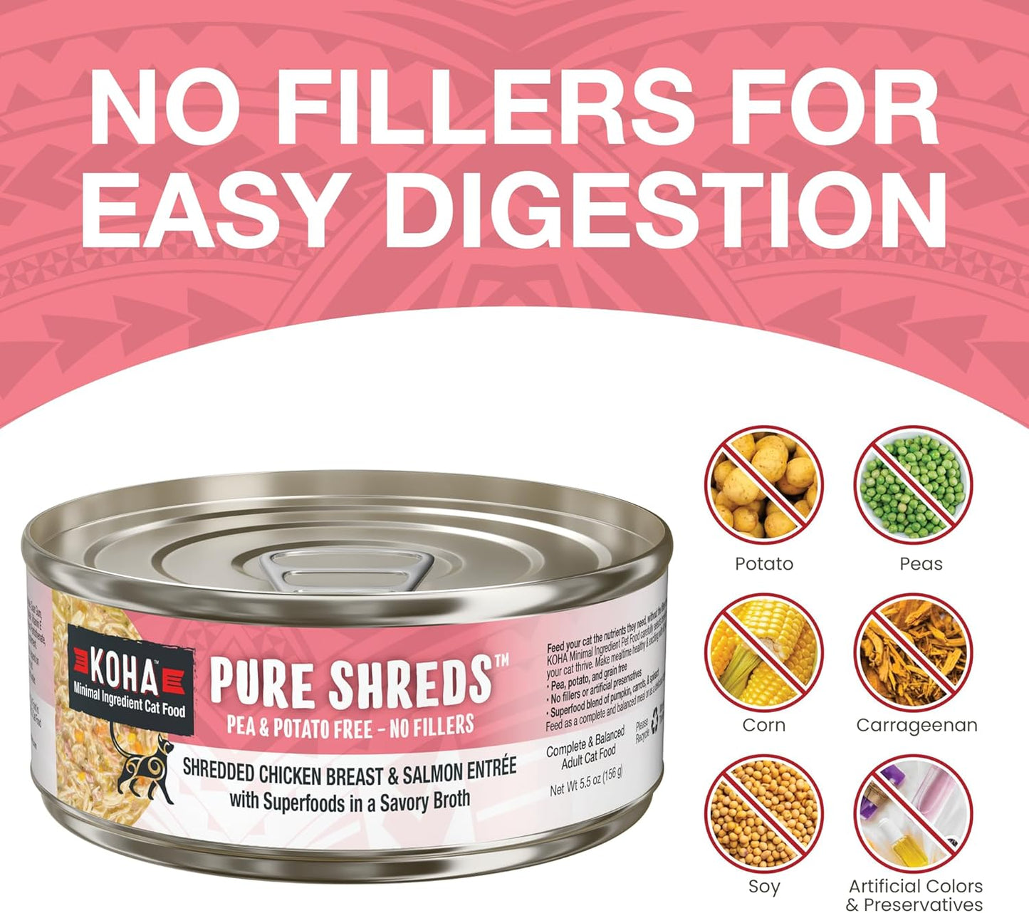 KOHA Pure Shreds Chicken and Salmon Entrée for Cats, High Protein Wet Cat Food, 2.8oz Cans (Pack of 24)