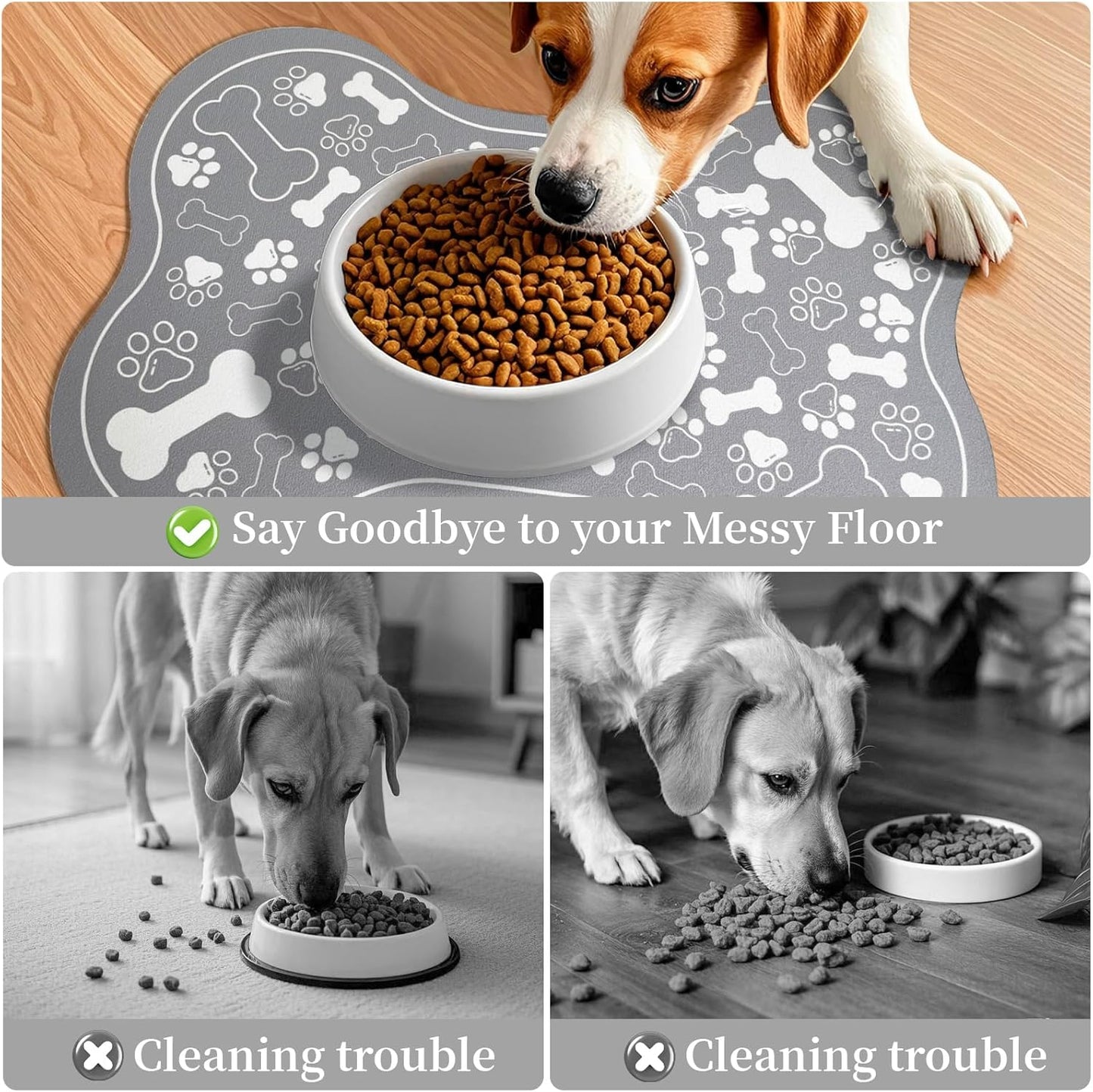 Dog & Cat Food Mat Bone Shaped Pet Feeding Mat Quick Absorb Water Bowl Placemat with Rubber Backing Indoor Floor Stain Resistant Pet Accessory Supplies (Grey Small, 12x18 Inches)