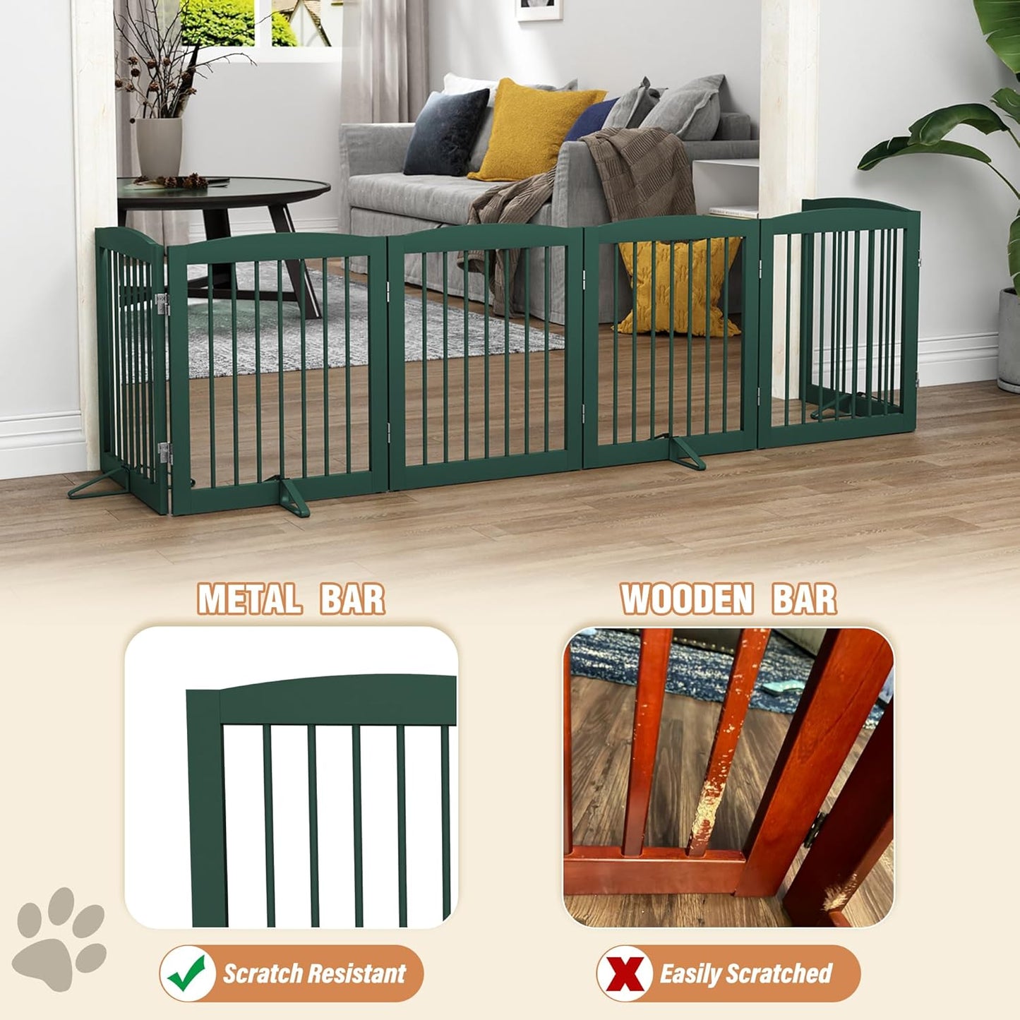 Freestanding Pet Gate for Dogs, Foldable Wooden Dog Gate for House, Extra Wide Indoor Pet Barrier for Stair, Doorway, Hall, Support Feet Included, 120 Inch Wide, 6 Panels 24",Green