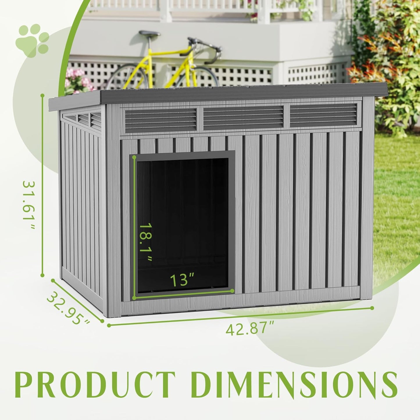 Dog House Indoor Outdoor,Resin Waterproof Puppy Shelter with Air Vents and Elevated Floor,Air Rod on Top to Open,Dog Kennel for Small to Large Dogs(Grey,42.87 * 32.95 * 31.61)