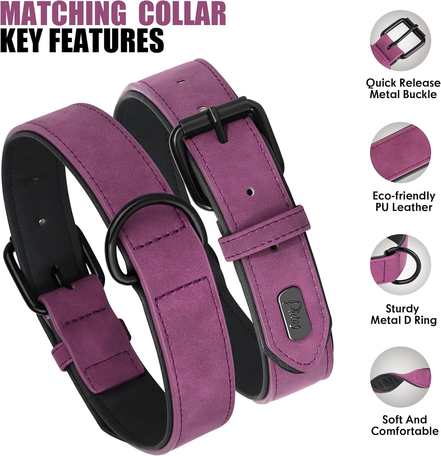 Didog Soft Padded Leather Dog Collar and Leash Set, Heavy Duty Dog Leash and Collar Set with Metal Buckle, Breathable Dog Collars with 4FT Leather Dog Leash for Small Medium Large Dogs, Purple, M