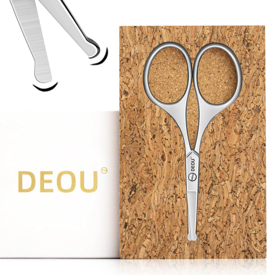 DEOU Silver Stainless Steel Round Nose Safety Scissors - Compact Facial Hair Trimming Tool for Men's Nose, Eyelashes, Eyebrows, Beard & Pet Grooming
