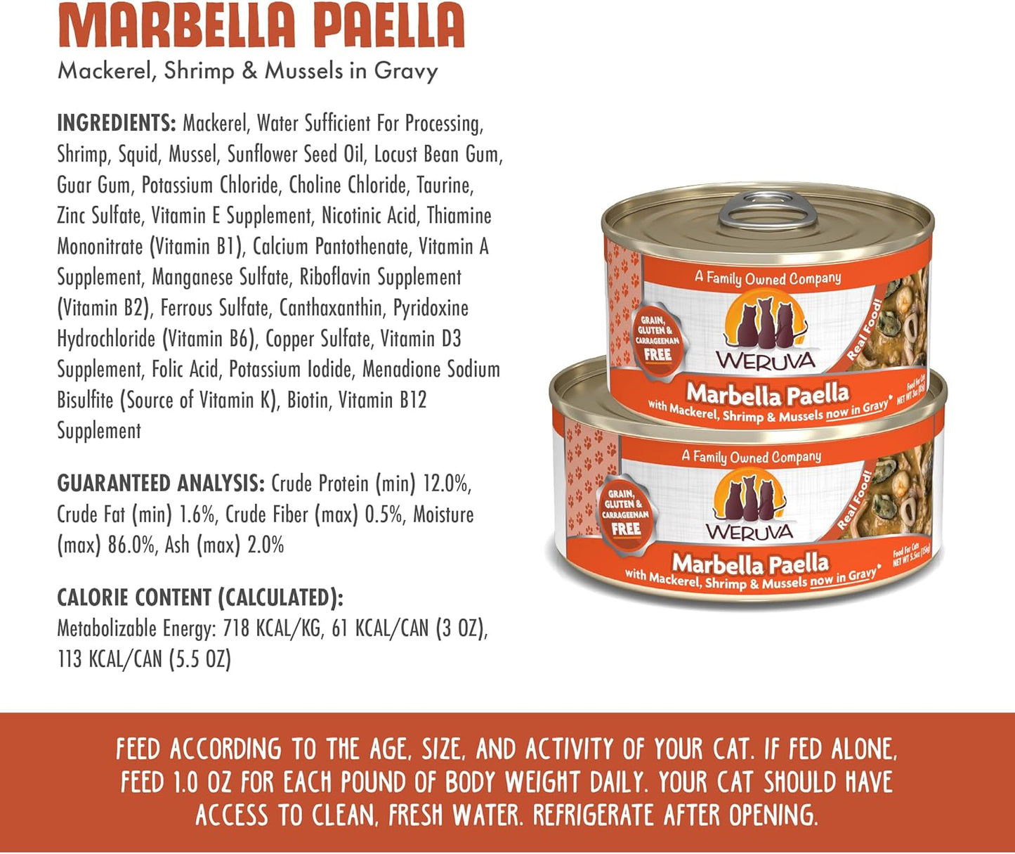 Weruva Classic Cat Food, Marbella Paella with Mackerel, Shrimp, & Mussels in Gravy, 3oz Can (Pack of 24)