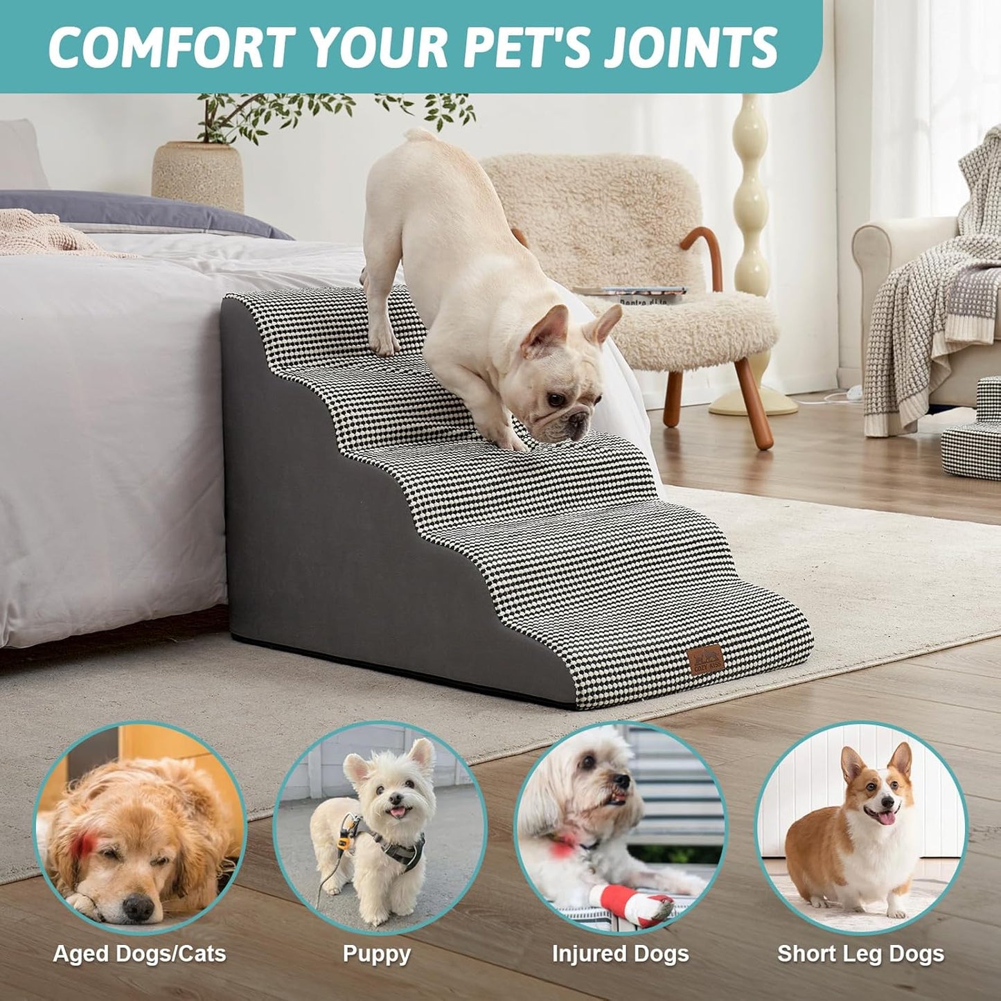 Extra Wide Dog Stairs 19.7" Width, Large Pet Step for Small Medium Dog, Puppy or Cat, Ramp for High Bed or Car, High Density Foam Ladder, Stable, 5 Step, 19.7x33x22.4 inch, White Black