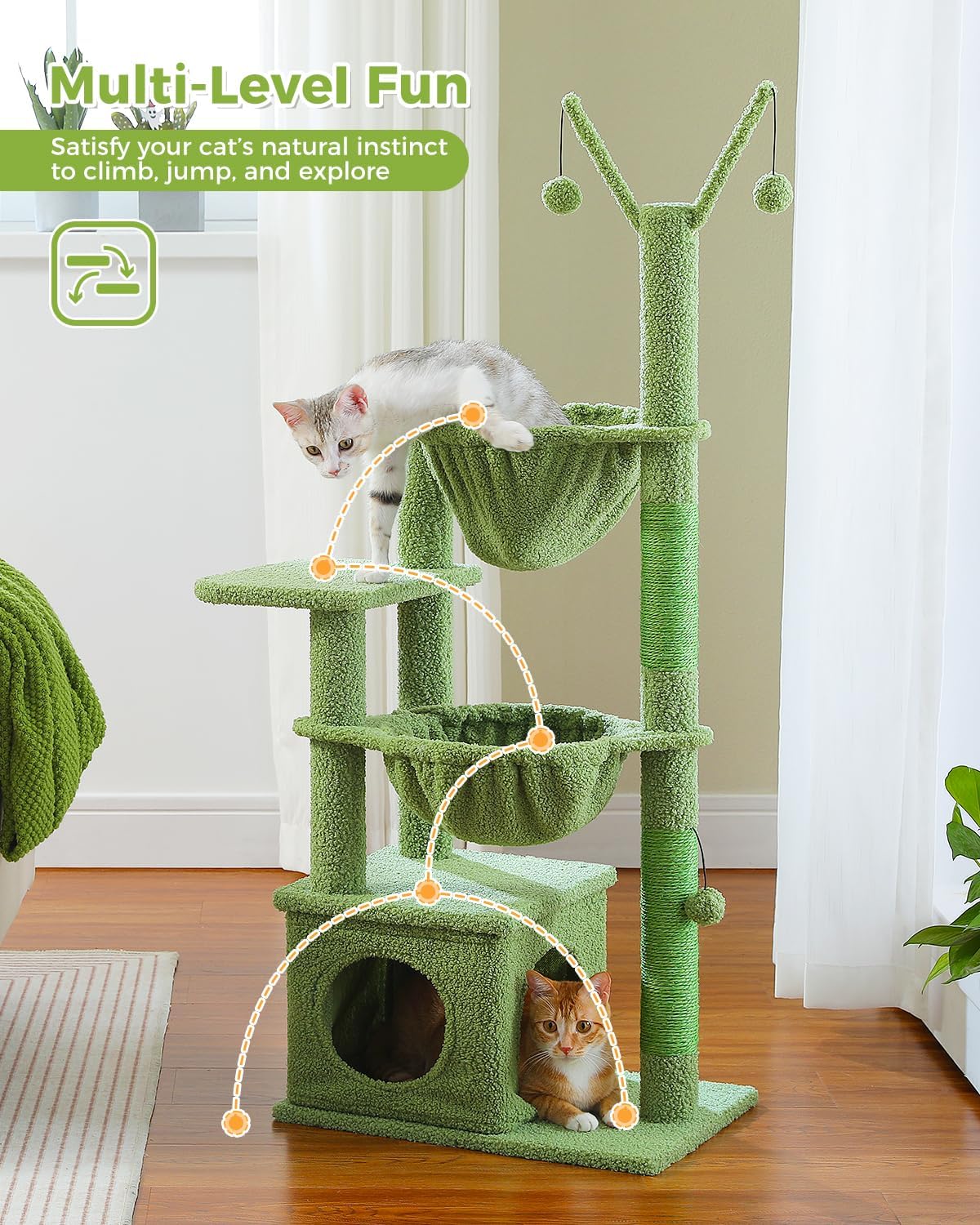 Cactus Cat Tree, 47.6" Cat Tower with 2 Metal Frame Hammock, Cat Scratching Post for Indoor Cats with 2 Removable Pompom Sticks for Kittens, Green