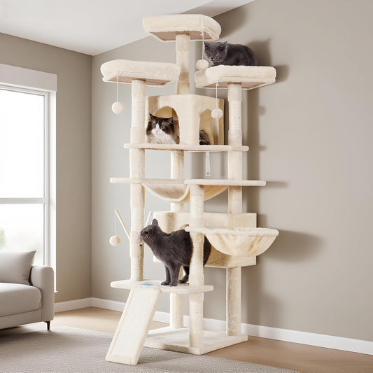 Hey-brother Cat Tree, 71 inches XL Large Cat Tower for Indoor Cats, Multi-Level Cat House with 3 Padded Perches, Big Scratcher, Cozy Basket, 2 Cat Condos and Scratching Posts, Beige MPJ034M