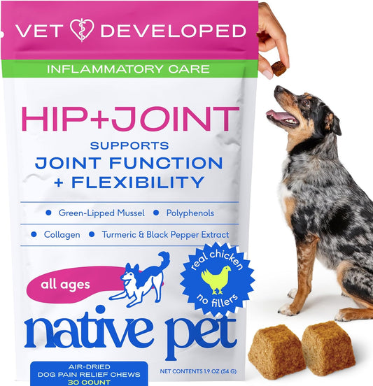 Native Pet Pain Relief for Dogs - Collagen for Dogs Promotes Joint Health, Reduce Inflammation & Stiffness - Senior Pup Joint Supplement - Natural Pain Reliever for Active & Aging Pets - 30 Chews