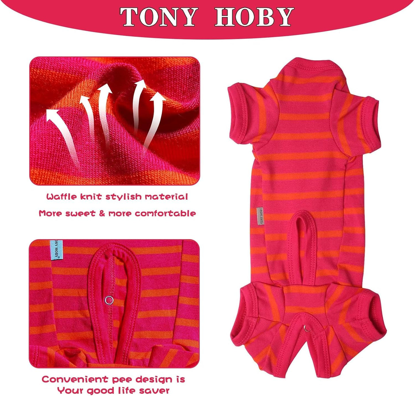 TONY HOBY Female/Male Dog Pajamas, Dog Jumpsuit 4 Legged Pajamas with Stripes, Soft Cotton for Comfortable Sleep (Rose Red&Orange, Boy, M)