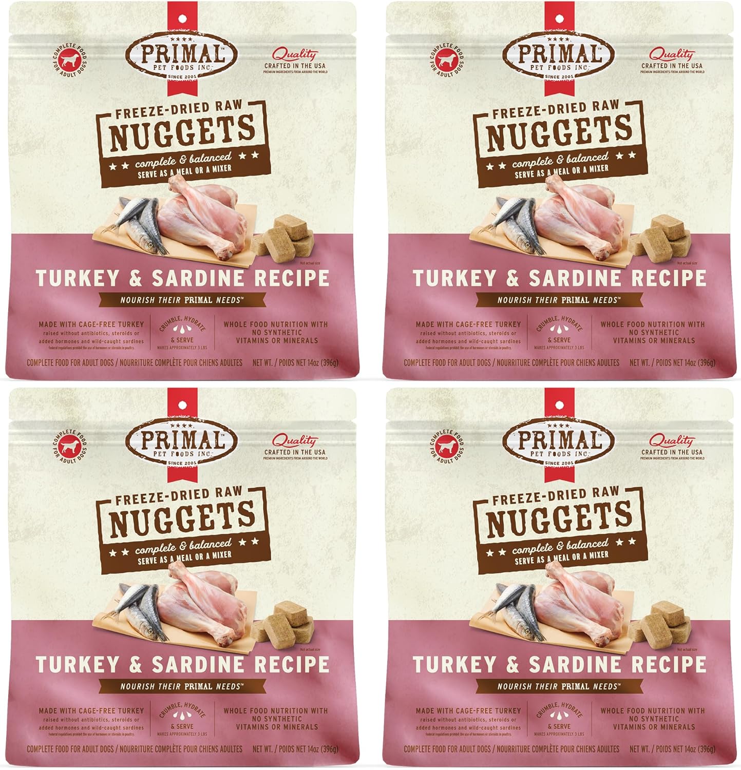 Primal Freeze Dried Raw Dog Food Nuggets, Turkey & Sardine, Complete & Balanced Meal, Also Use as Topper or Treat, Premium, Healthy, Grain Free, High Protein Raw Dog Food, 14 oz (Pack of 4)