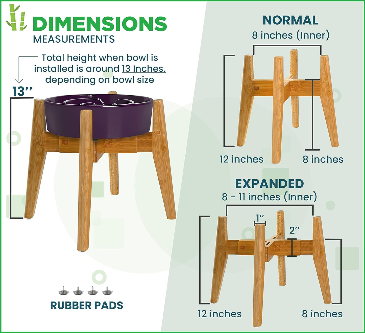 Dog Bowl Stand (12-inch High) - Ideal for Large Breeds - Adjustable Sideways, Slanted Feet - Elevates, Raises Pet Food Feeders, Water Dishes, Fountains, Dispensers - Bamboo Stand Only