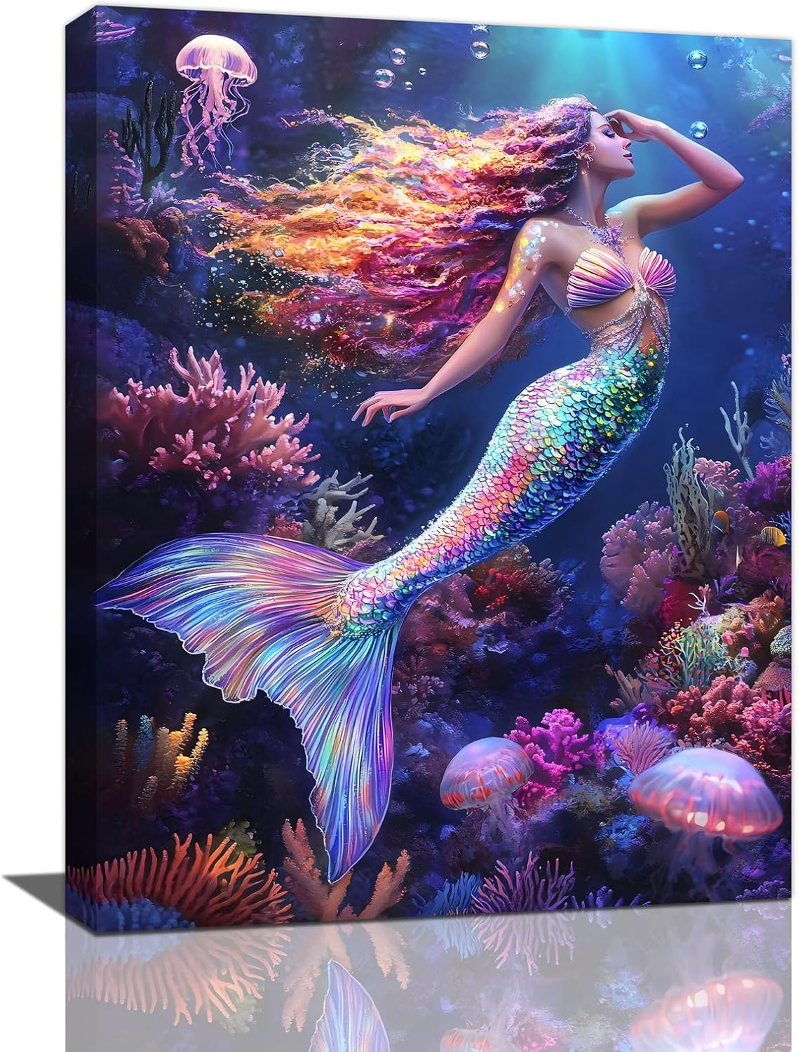 Sea Mermaid Bathroom Pictures Wall Art, Ocean Mermaid Bathroom Wall Decor, Aesthetics Framed Painting Canvas Artwork for Bedroom Living Room Decorations 20"L x 16"W