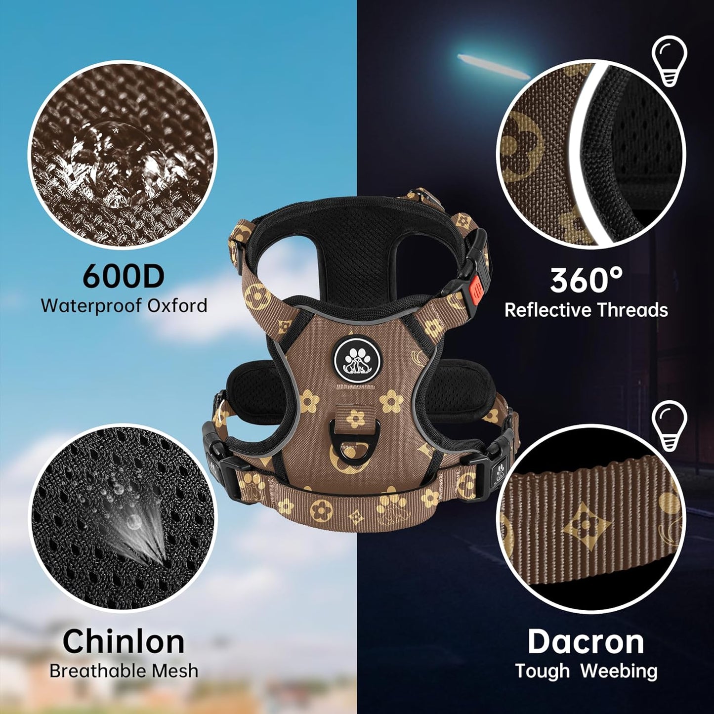 NESTROAD No Pull Dog Harness,Adjustable Oxford Dog Vest Harness with Leash,Reflective No-Choke Pet Harness with Easy Control Soft Handle for Medium Dogs(Medium,Dark Brown)