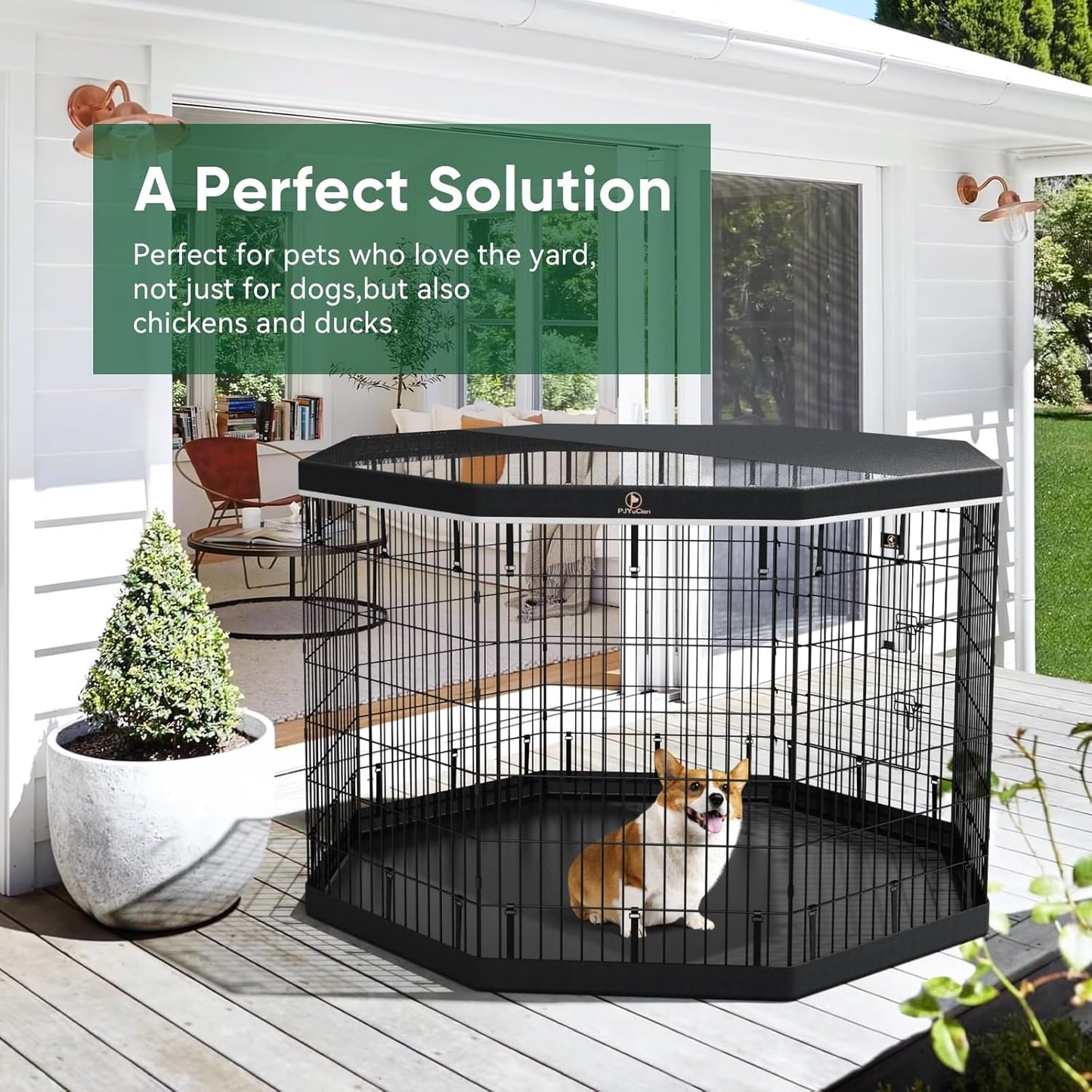 PJYuCien Dog Playpen, 8 Panels 42’’H Dog Pens Indoor with Bottom Pad and Top Cover, Metal Foldable Pet Puppy Exercise Fence Crate Kennel, Better for Medium and Big Animals,Black