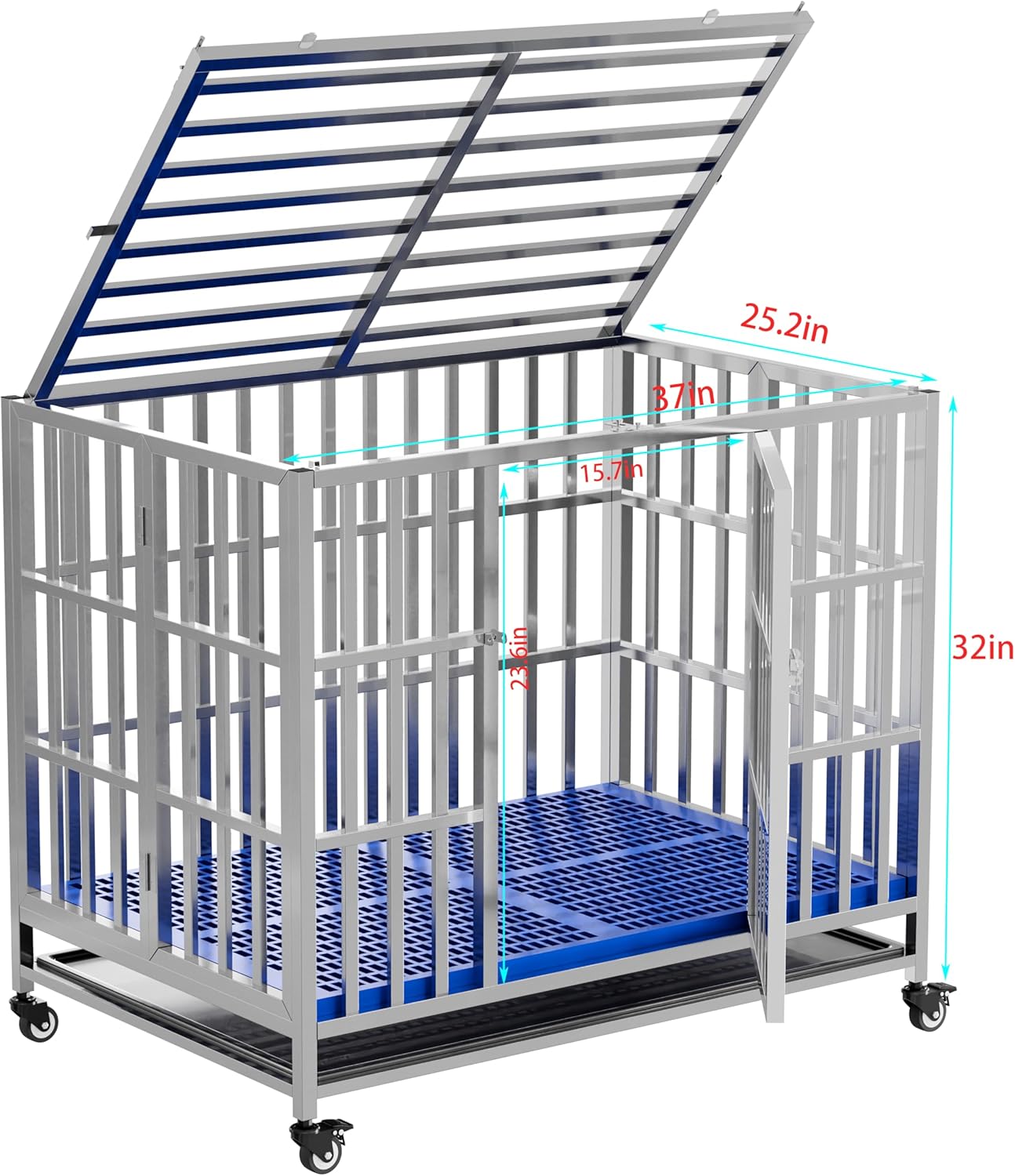 Collapsible Stainless Steel Dog Crate, 30" 37" 42" 48" Sizes, Lockable Wheel, with Tray, Stackable, Heavy Duty, Divider, Indoor and Outdoor (37in)