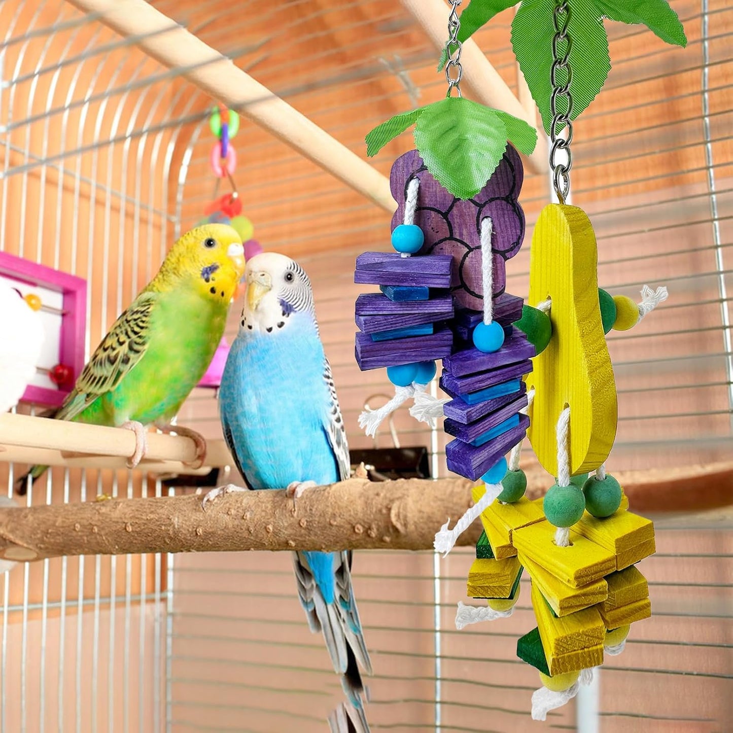 Hamiledyi Natural Wood Block Bird Cage Toys Parrot Chewing Toy Apple&Grape&Pear&Strawberry Shaped Hanging Foraging Toy for Small&Medium Birds Parakeets Cockatiels,4pcs