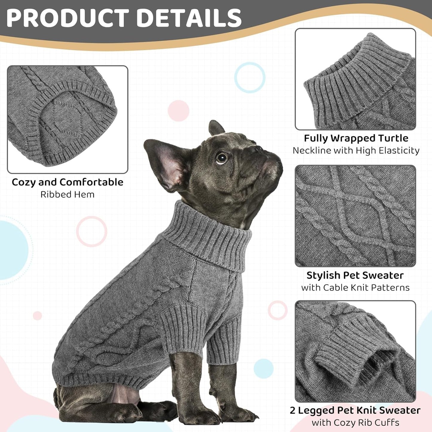 Queenmore Small Dog Pullover Sweater, Cold Weather Cable Knitwear, Classic Turtleneck Thick Warm Clothes for Chihuahua, Bulldog, Dachshund, Pug (Slate Grey, Large)