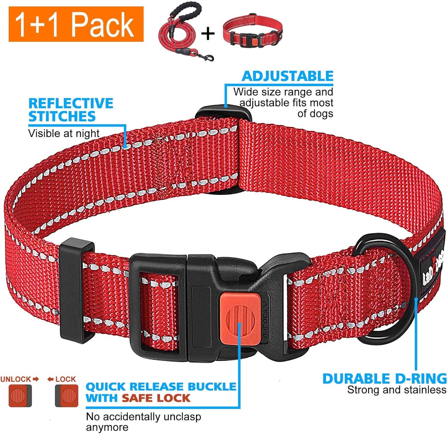 Heavy Duty Dog Leash - Comfortable Padded Handle, 5 ft Long - Dog Leashes for Small Medium Large Dogs (Leash+Collar XS Neck 10.5"-13.5", Red)