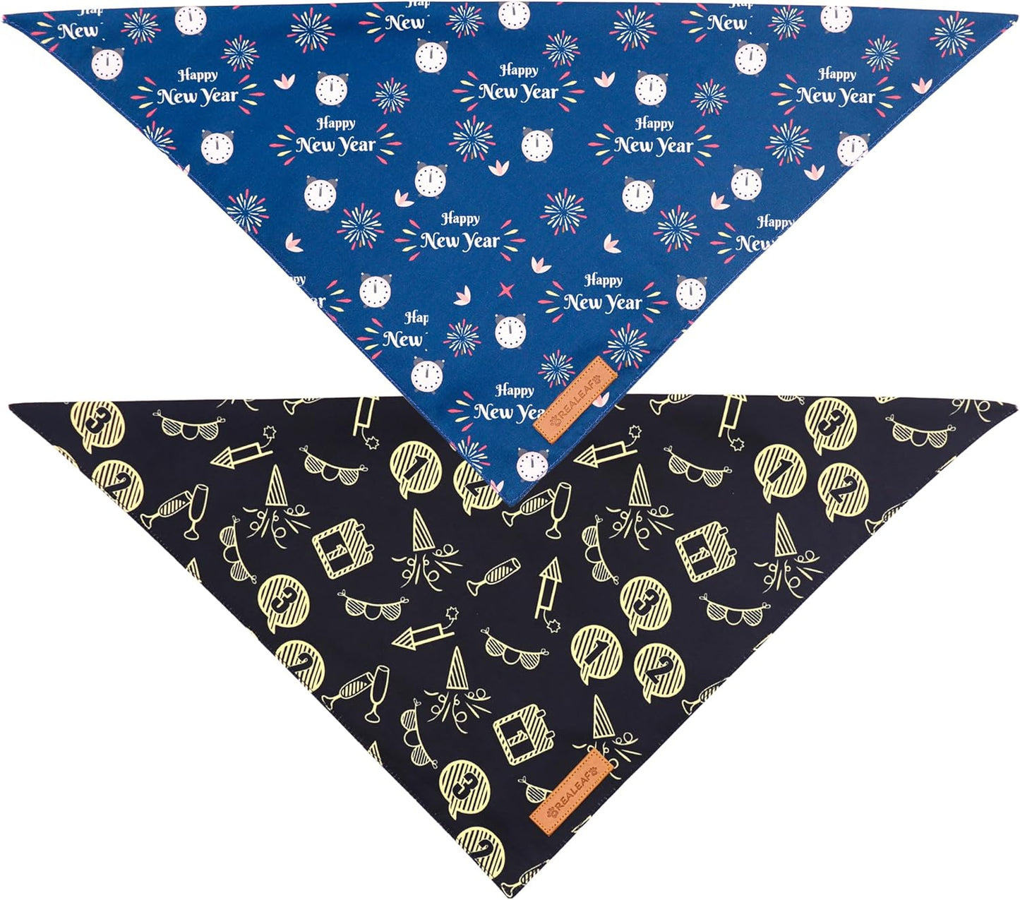 Realeaf Happy New Year Dog Bandanas 2 Pack, Reversible Holiday Pet Scarf for Boy and Girl, Premium Durable Fabric, Bandana for Small Medium Large and XLarge Dogs (X-Large)